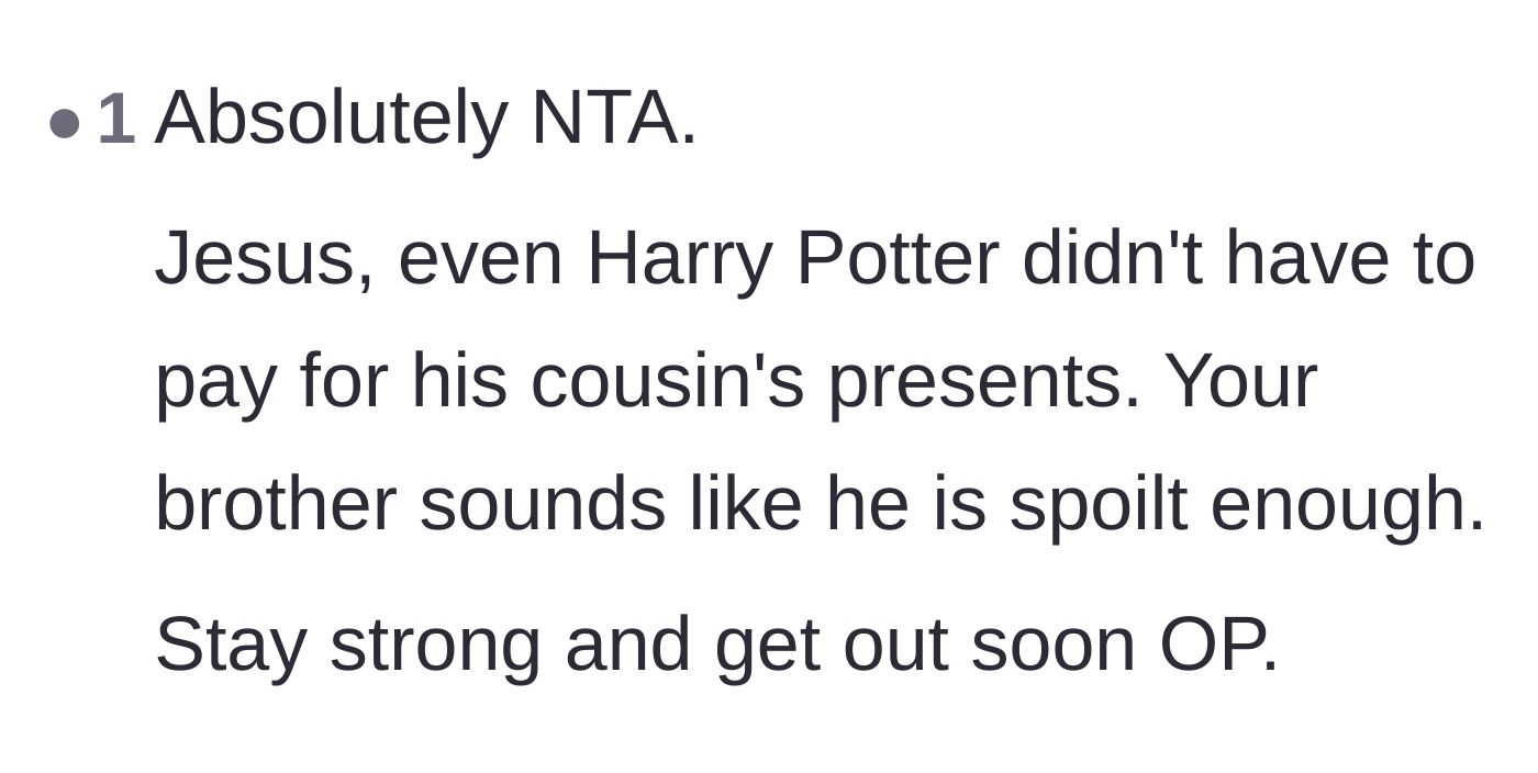 Comment thread 3 - A commenter compares the OP's situation to Harry Potter living with his spoiled cousin.