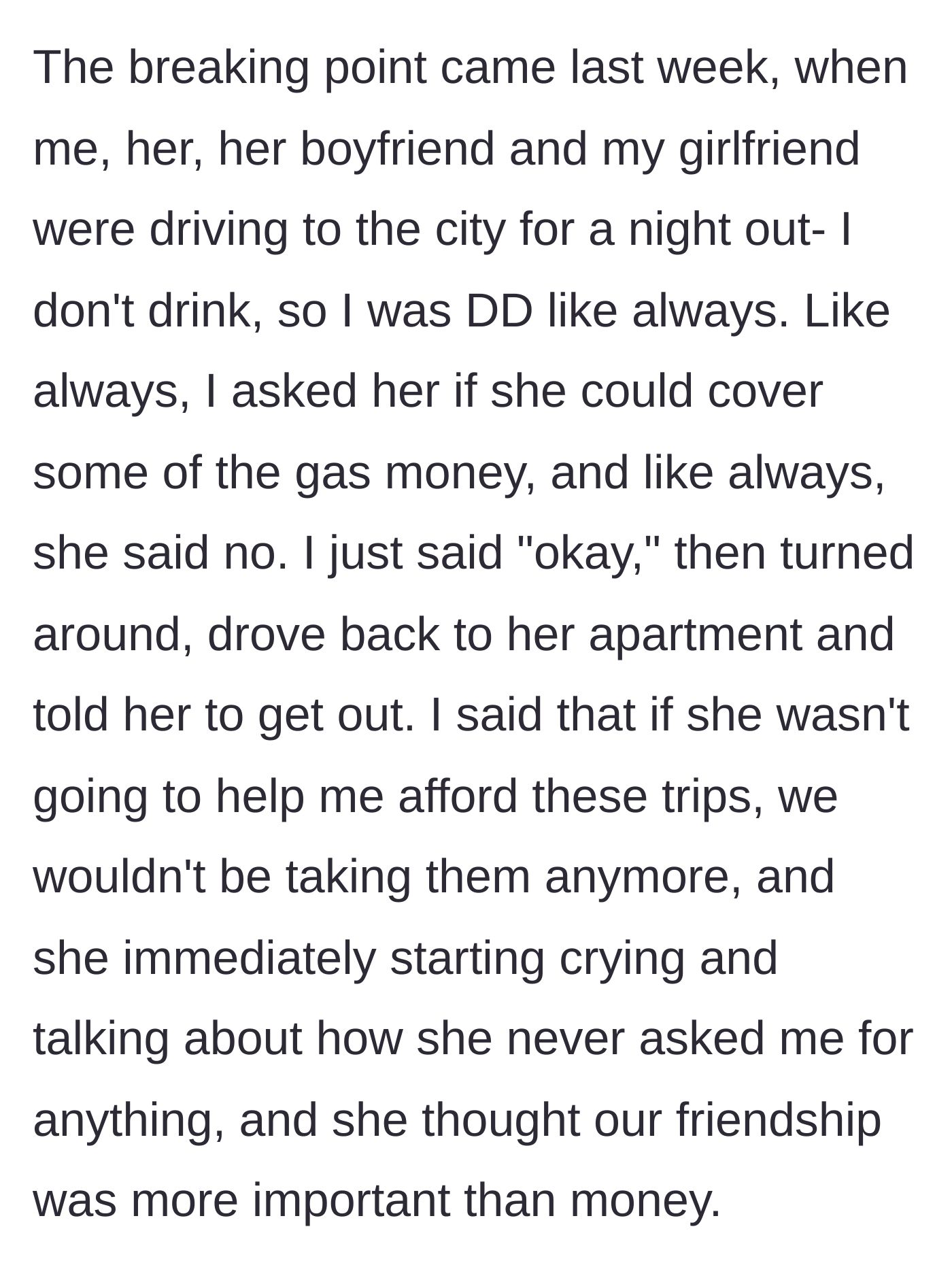 Story part 3 - The breaking point hits during a group car ride where he turns the car around, kicks her out at her apartment, and she starts crying.