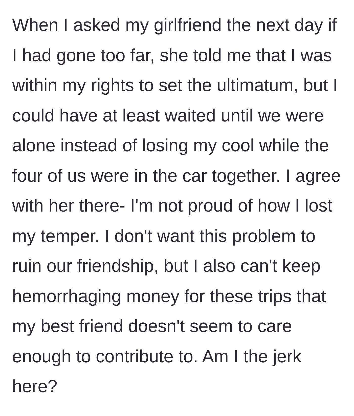 Story part 5 - He reflects on his girlfriend's feedback about losing his temper in public and wonders if he went too far.
