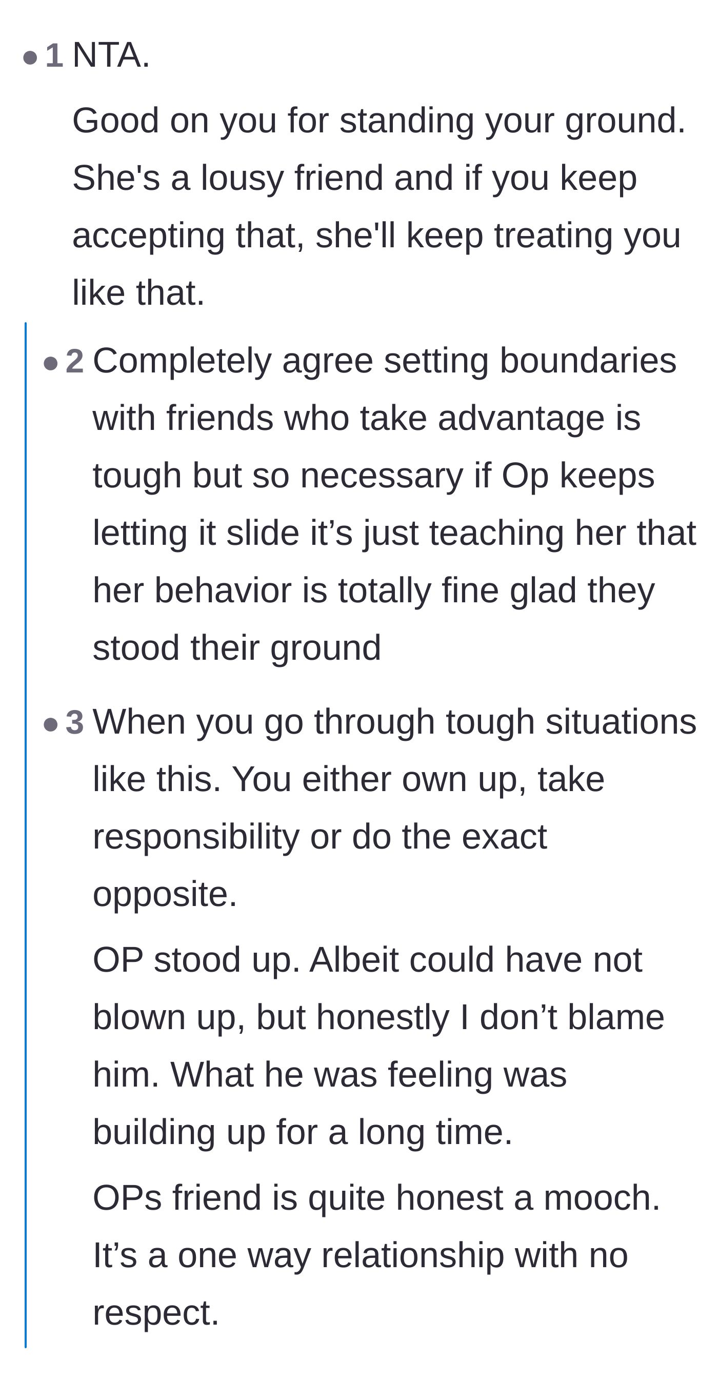 Comment thread 1 - Readers agree that the friend is a mooch and applaud the driver for finally setting a firm boundary.