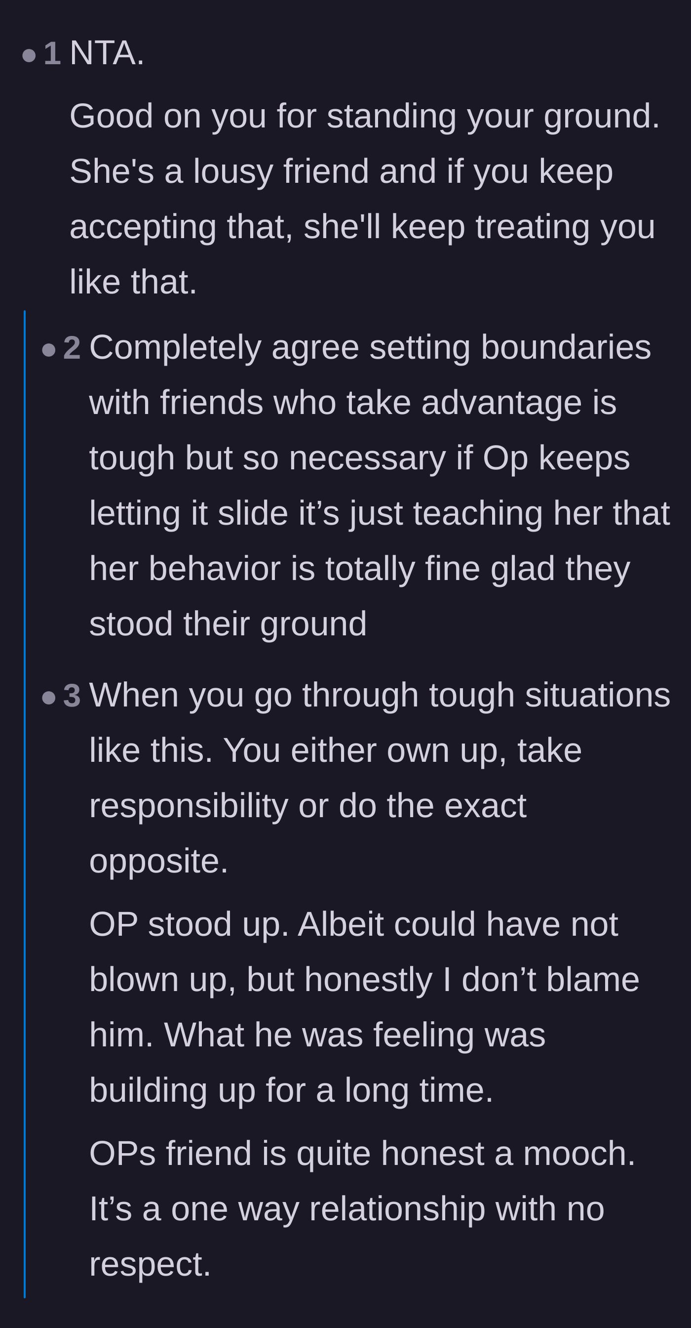 Comment thread 1 - Readers agree that the friend is a mooch and applaud the driver for finally setting a firm boundary.