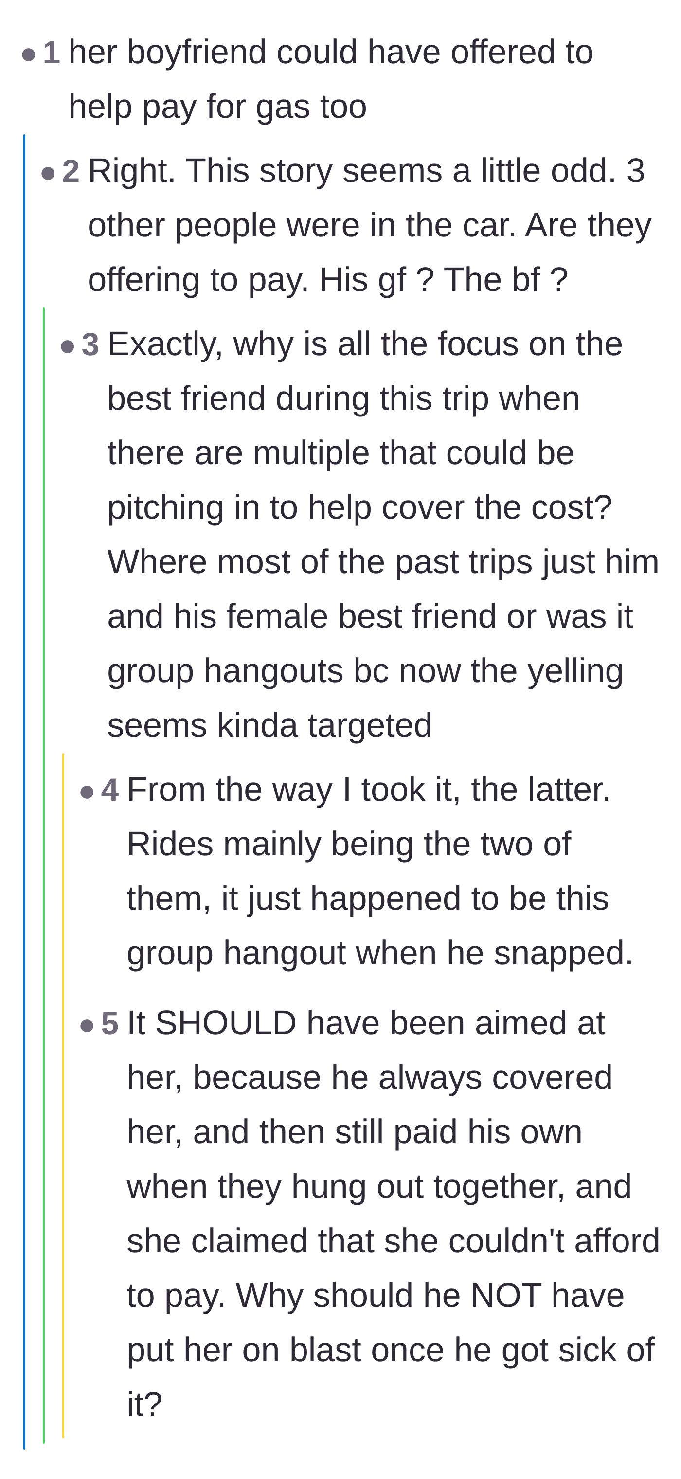 Comment thread 3 - Debating why the friend's boyfriend or the driver's girlfriend didn't chip in for the ride.