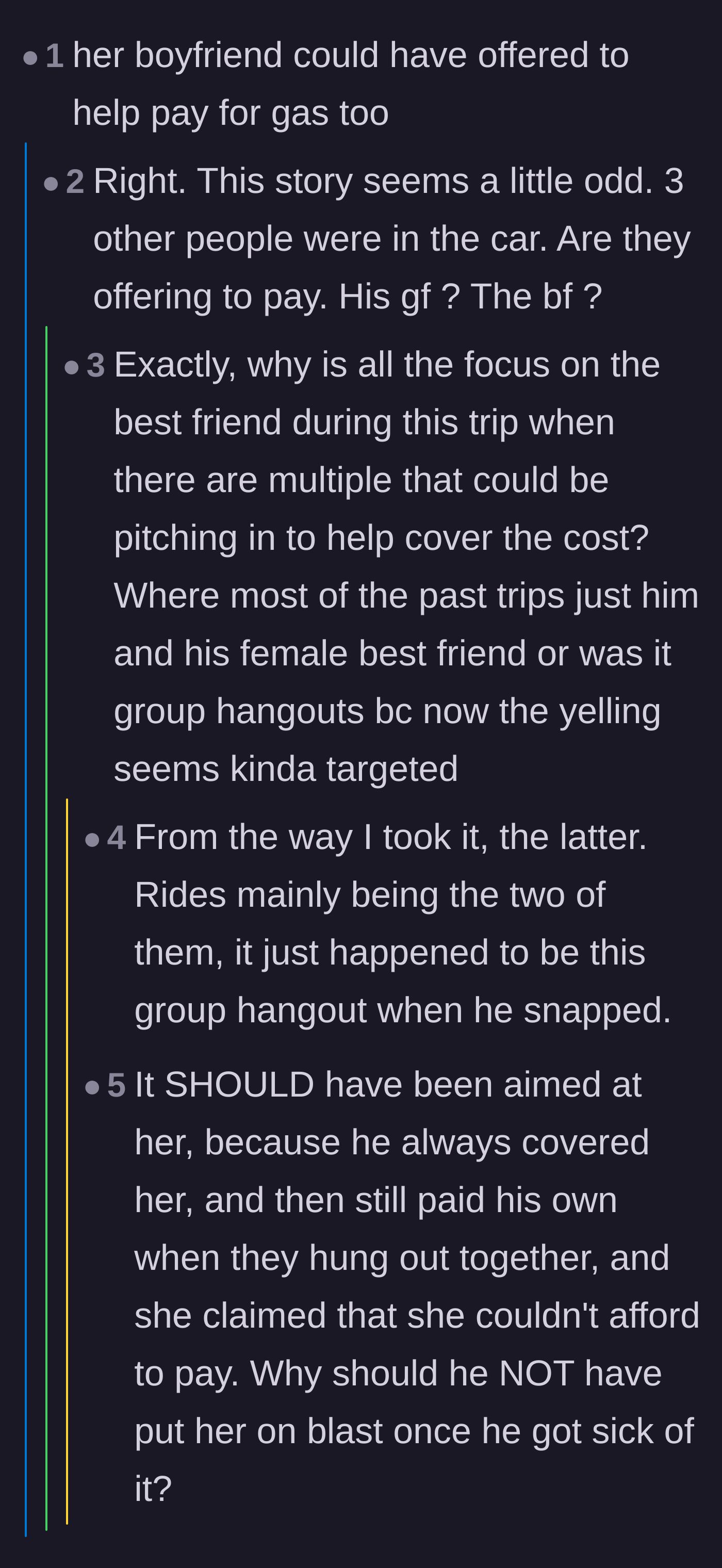 Comment thread 3 - Debating why the friend's boyfriend or the driver's girlfriend didn't chip in for the ride.