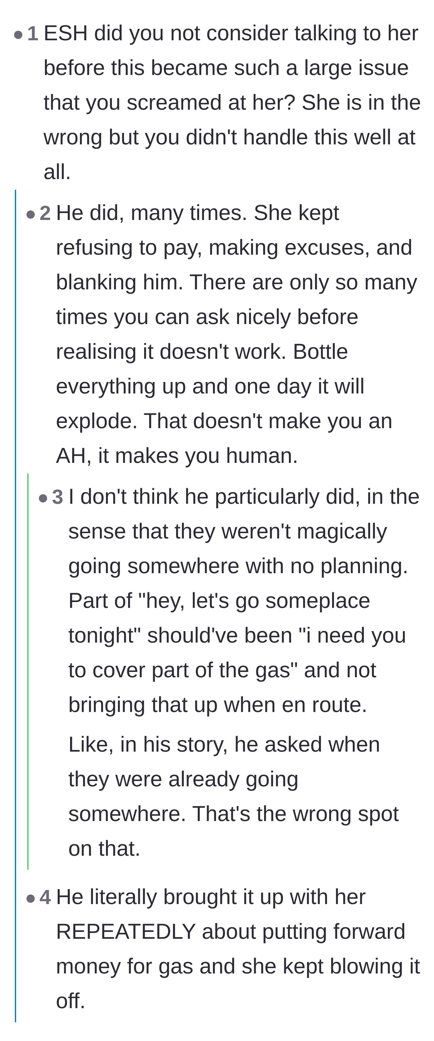 Comment thread 4 - A debate over whether the driver was wrong for blowing up and screaming instead of communicating boundaries calmly beforehand.