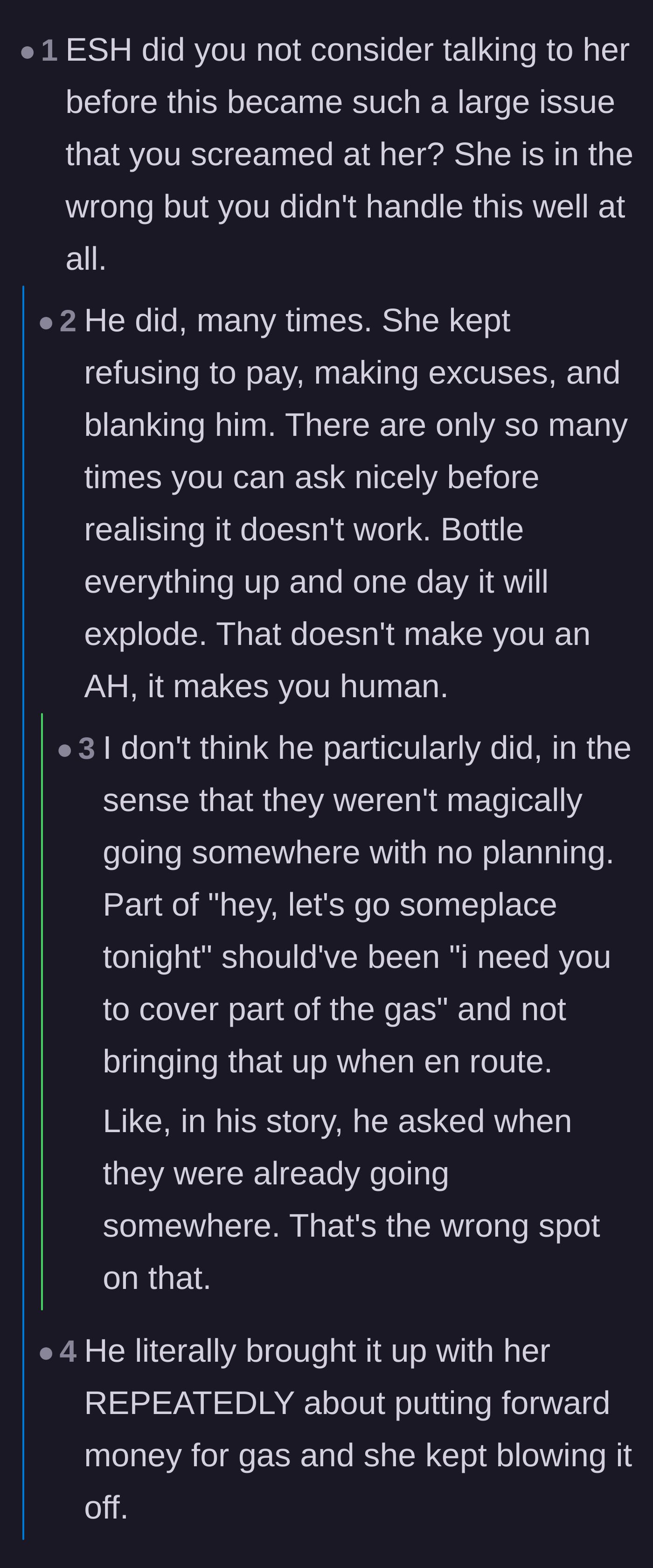 Comment thread 4 - A debate over whether the driver was wrong for blowing up and screaming instead of communicating boundaries calmly beforehand.
