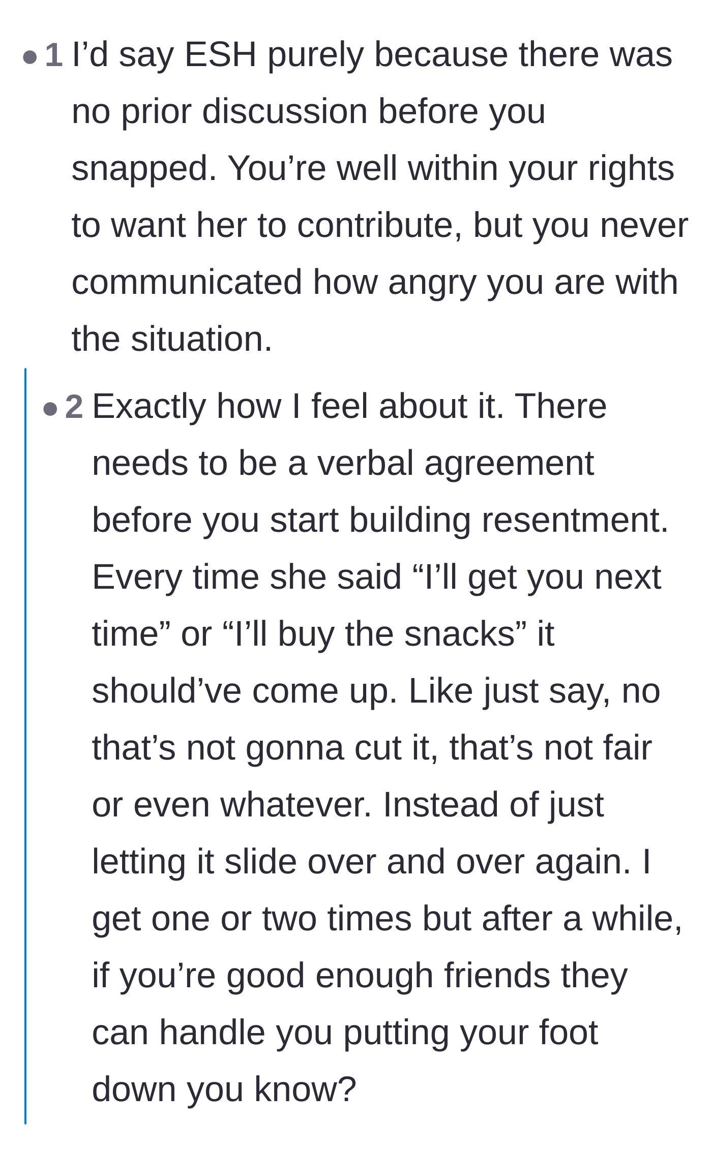 Comment thread 5 - Critiques on how letting small boundary crossings slide leads to massive, relationship-ending resentment.