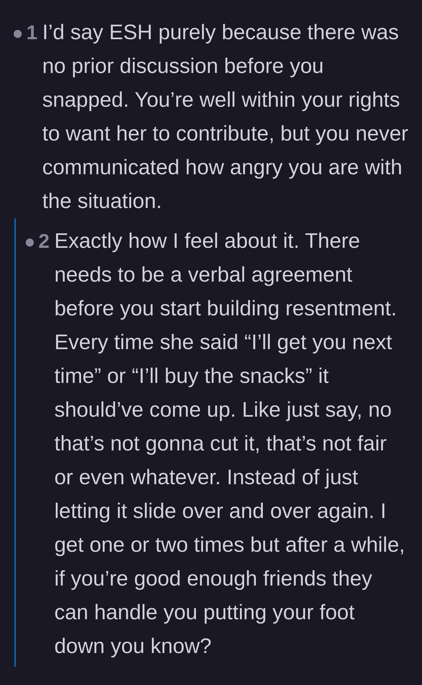 Comment thread 5 - Critiques on how letting small boundary crossings slide leads to massive, relationship-ending resentment.
