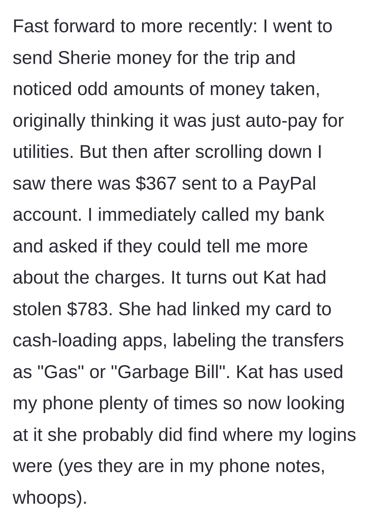 Story part 4 - The discovery of the disguised cash transfers totaling nearly $800.