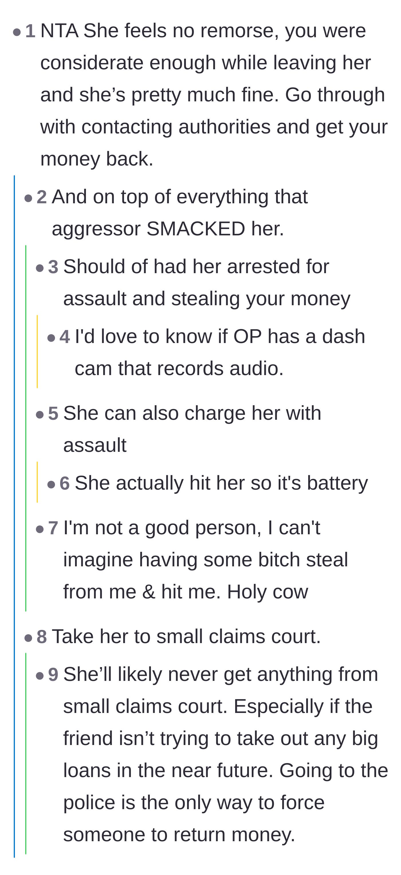 Comment thread 1 - Discussion on the legal implications of the slap and pressing charges for both theft and battery.