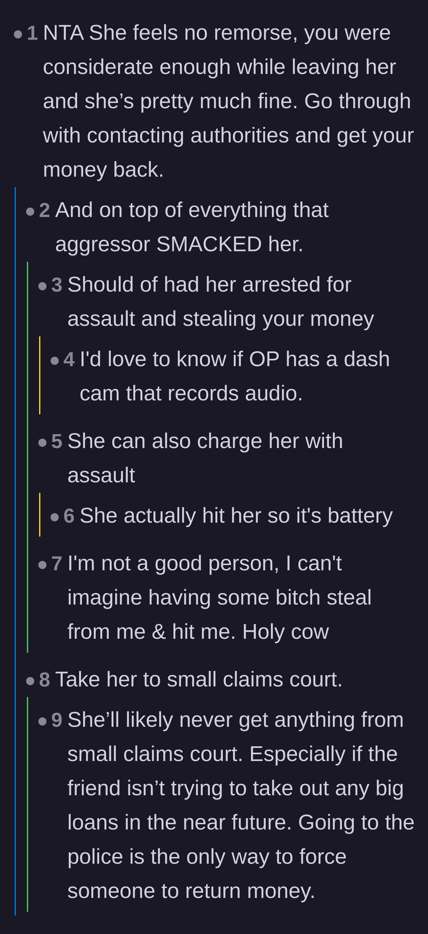 Comment thread 1 - Discussion on the legal implications of the slap and pressing charges for both theft and battery.