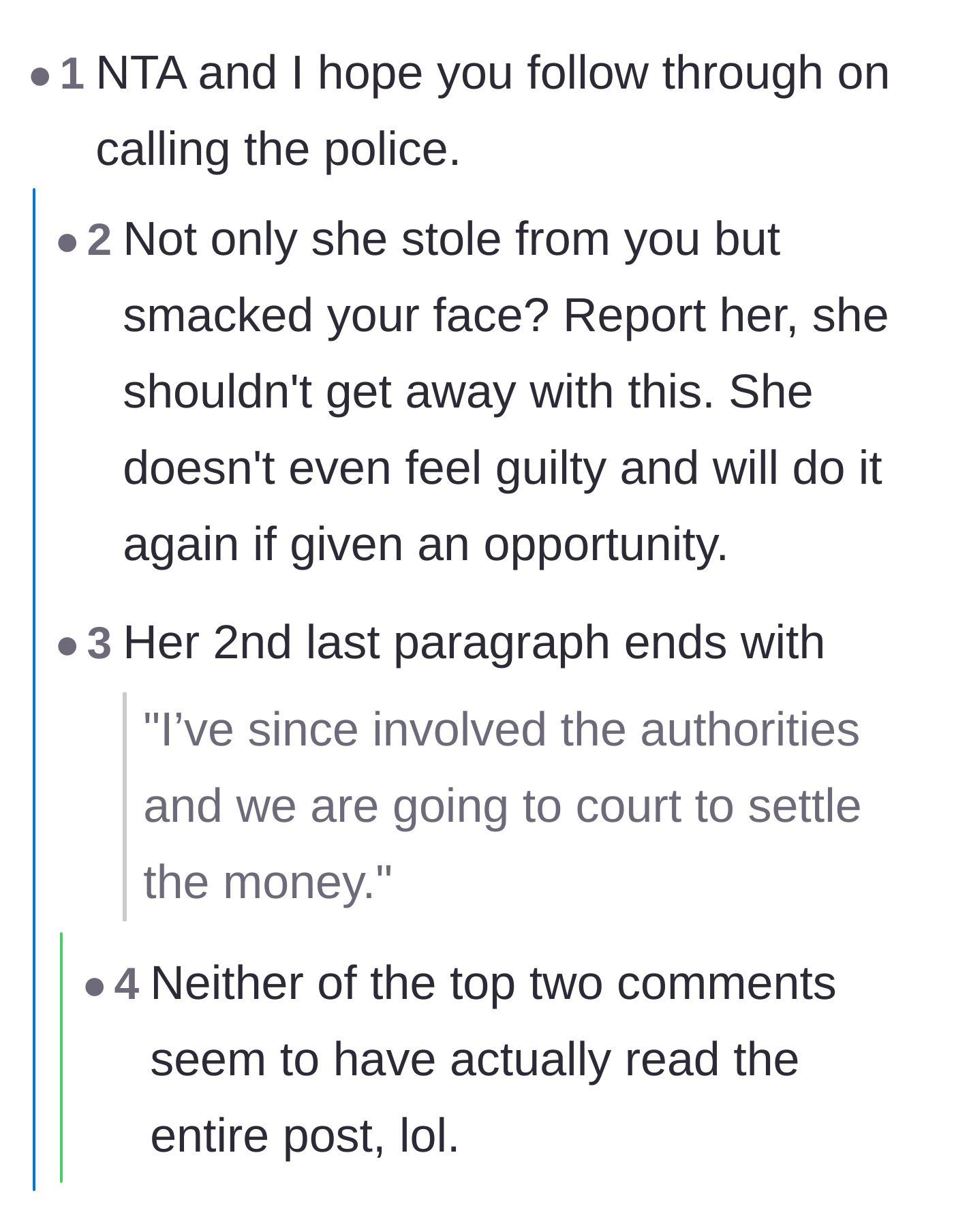 Comment thread 3 - Readers urging police involvement while others point out the main character already confirmed taking legal action.