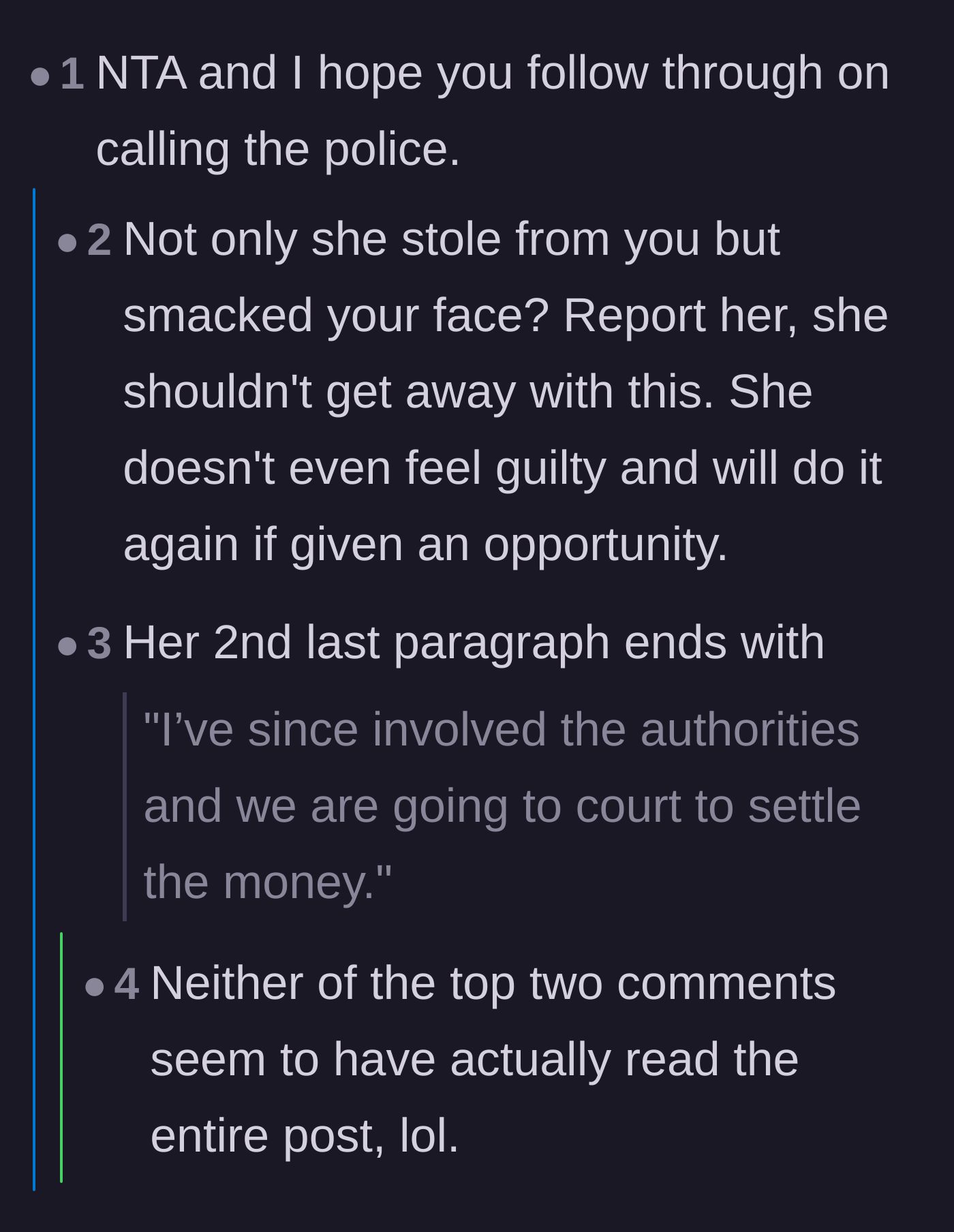 Comment thread 3 - Readers urging police involvement while others point out the main character already confirmed taking legal action.