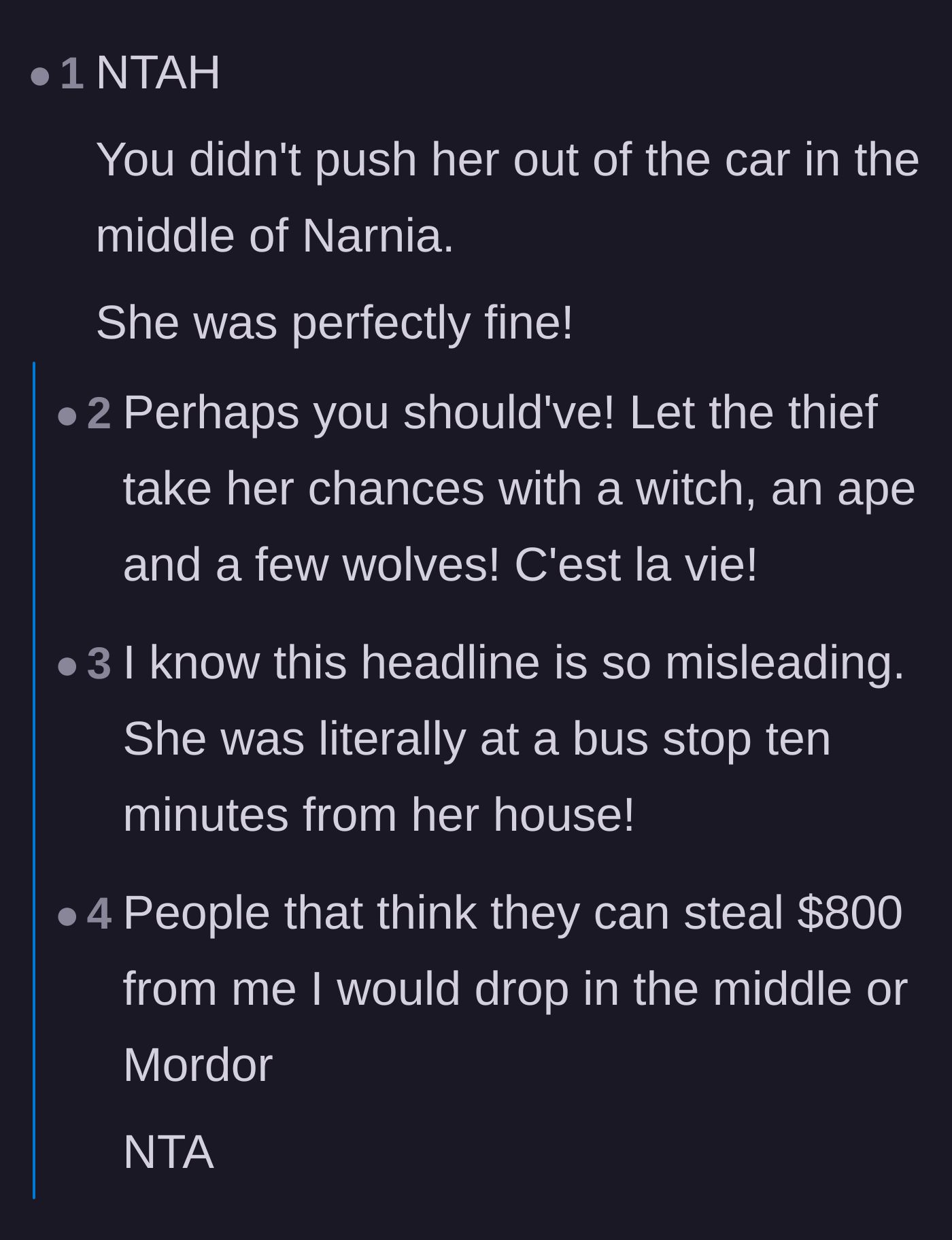 Comment thread 4 - Humorous comparisons regarding where the thief was dropped off versus fictional fantasy wastelands.