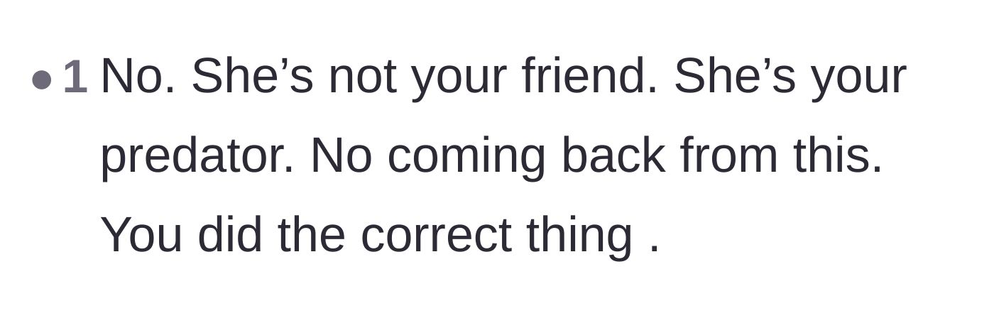 Comment thread 6 - A stark comment labeling the former friend as a predator rather than a peer.