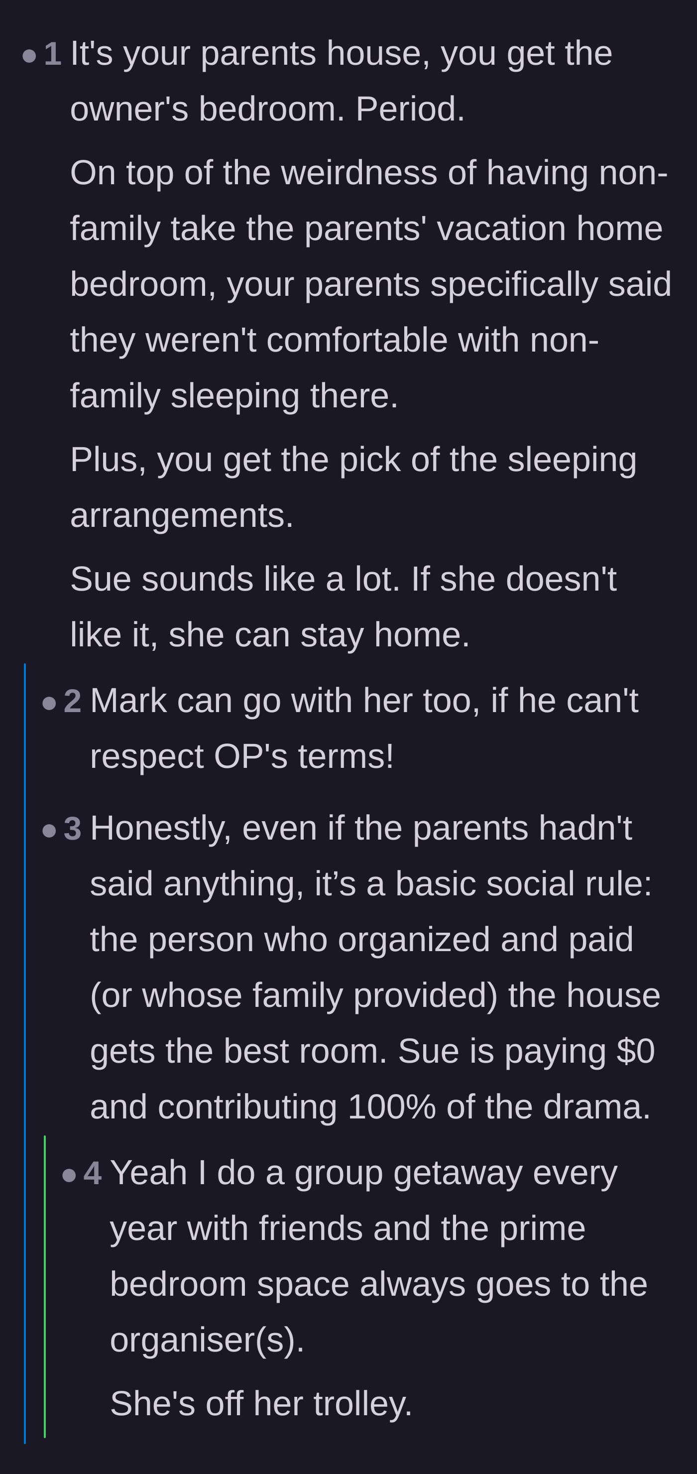 Comment thread 2 - Discussion on the unwritten rule that the vacation organizer always deserves the primary bedroom.