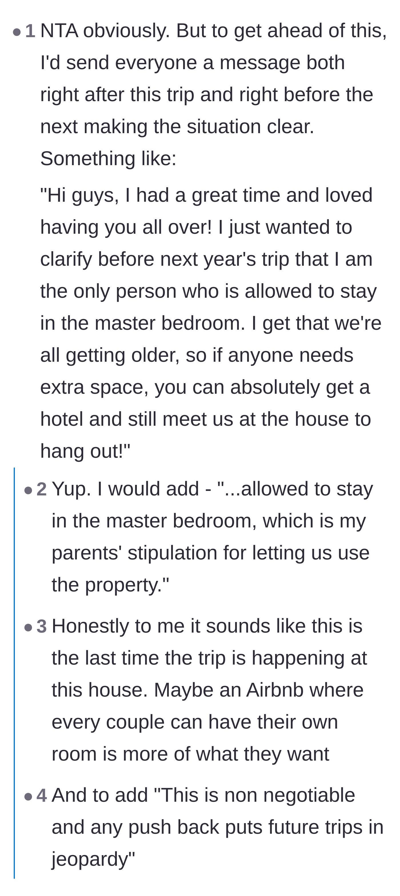 Comment thread 5 - Advice on setting firm, proactive boundaries in a group text before the next annual trip.