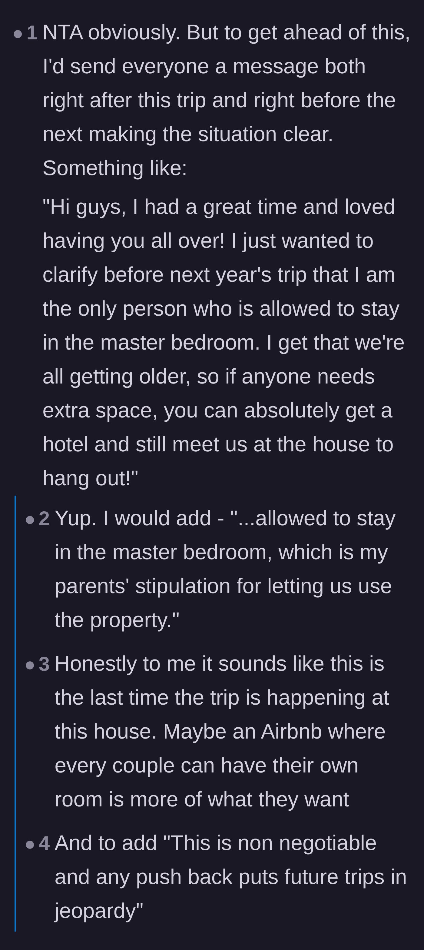 Comment thread 5 - Advice on setting firm, proactive boundaries in a group text before the next annual trip.