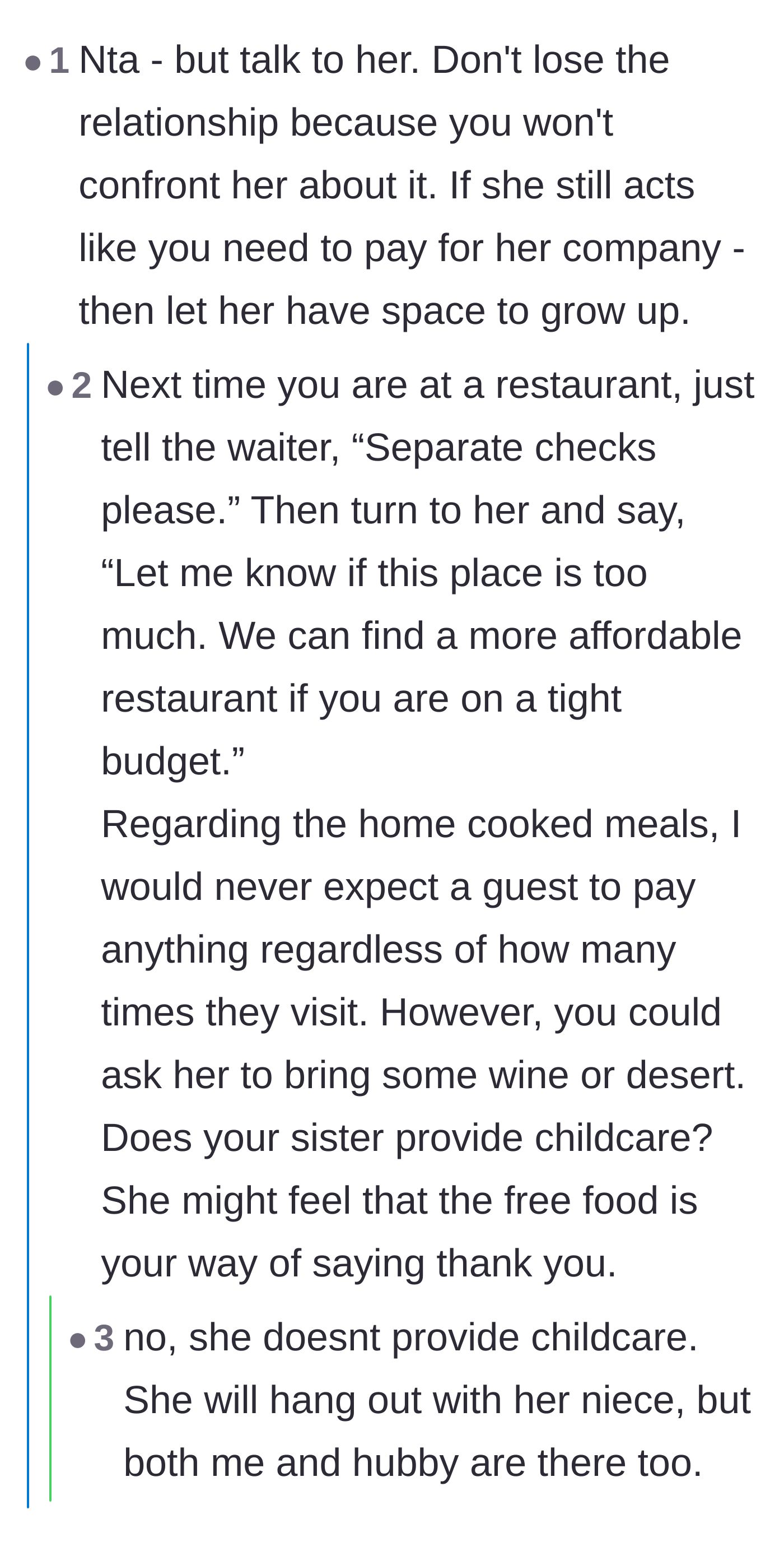 Comment thread 1 - A debate about the best way to ask for separate checks without publicly shaming the sister.