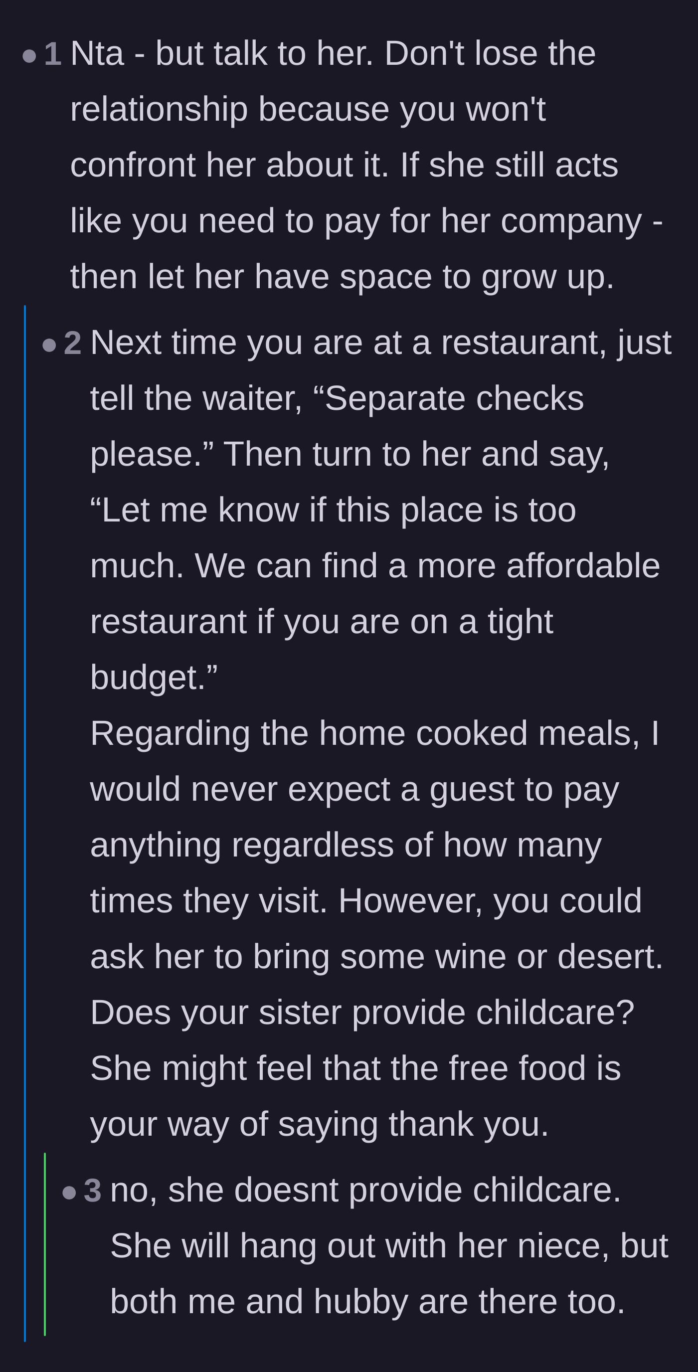 Comment thread 1 - A debate about the best way to ask for separate checks without publicly shaming the sister.