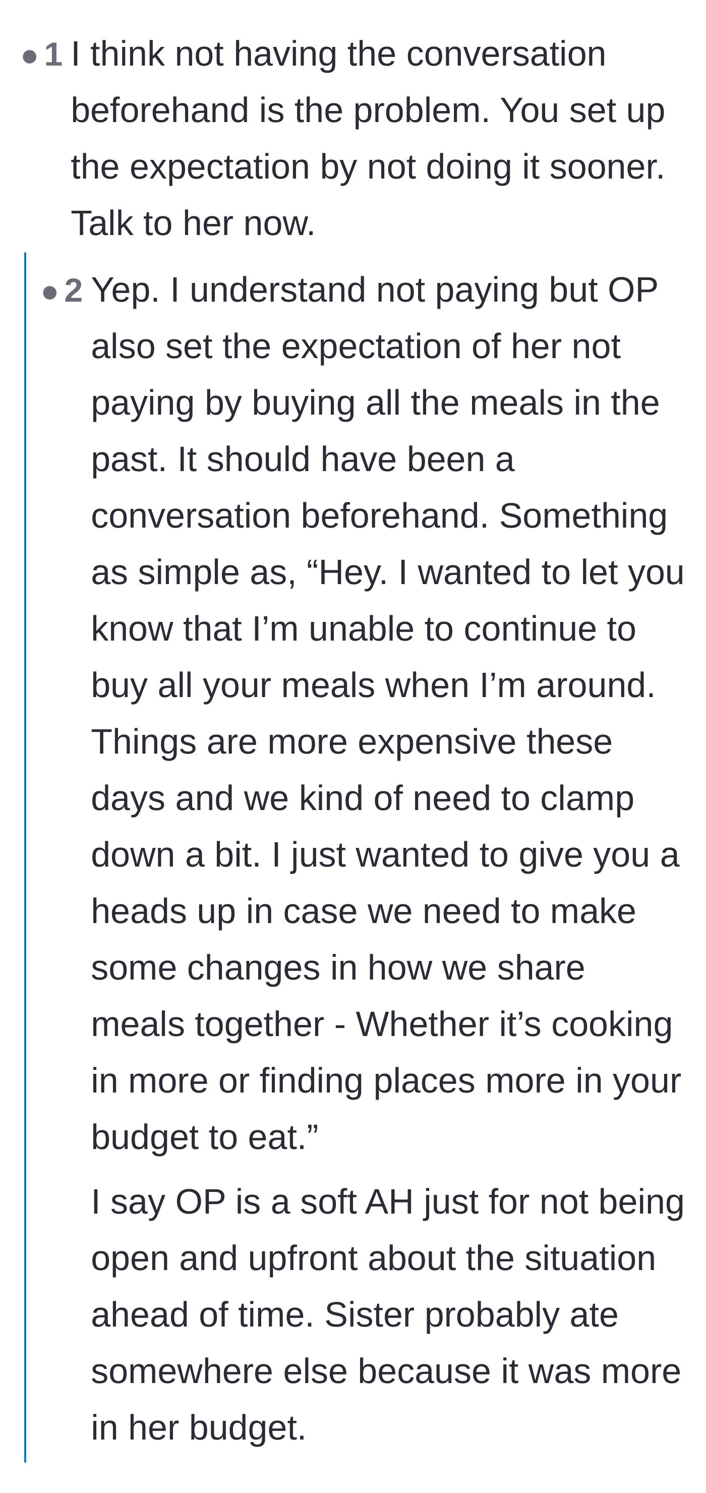 Comment thread 3 - Readers argue over whether the mother should have warned her sister beforehand, followed by the mother clarifying her sister actually buys more expensive food when alone.