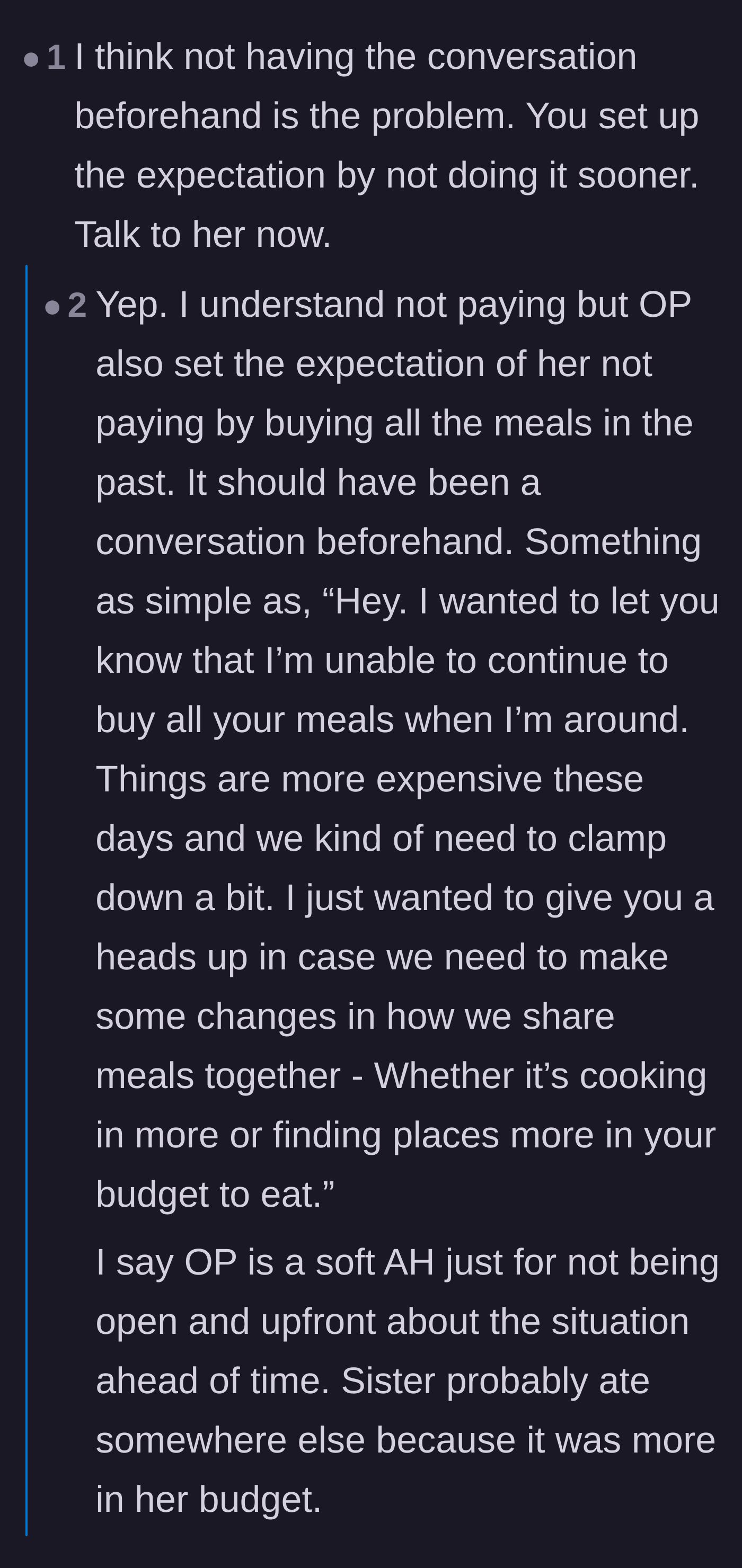 Comment thread 3 - Readers argue over whether the mother should have warned her sister beforehand, followed by the mother clarifying her sister actually buys more expensive food when alone.