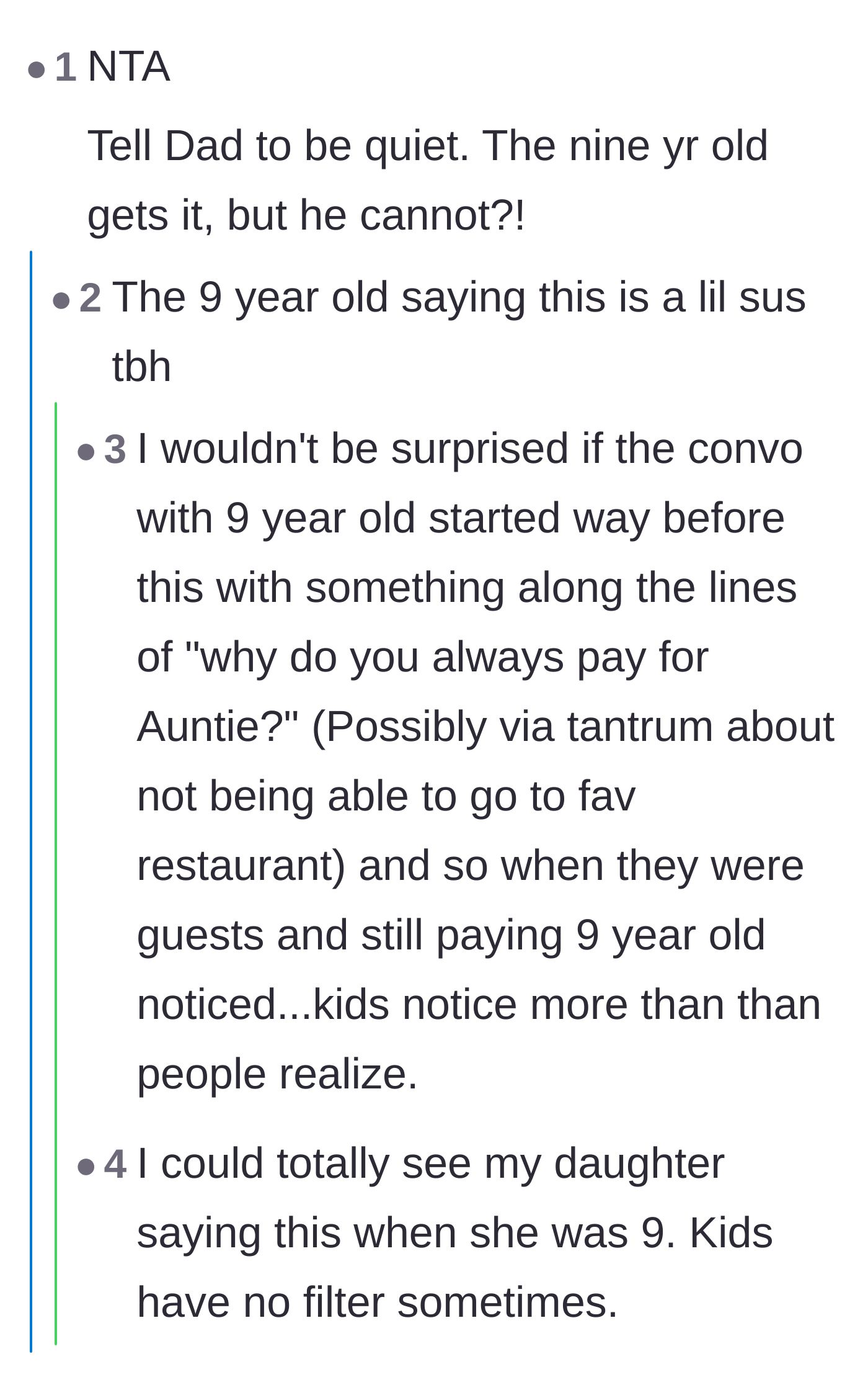 Comment thread 4 - A discussion roasting the husband for being oblivious, while defending the 9-year-old daughter's sharp observation.