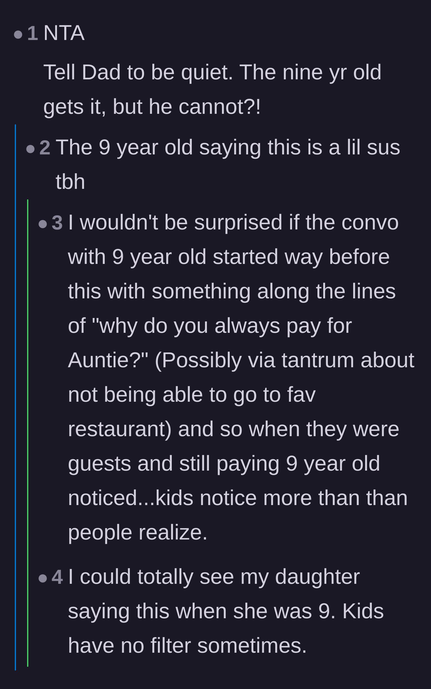 Comment thread 4 - A discussion roasting the husband for being oblivious, while defending the 9-year-old daughter's sharp observation.