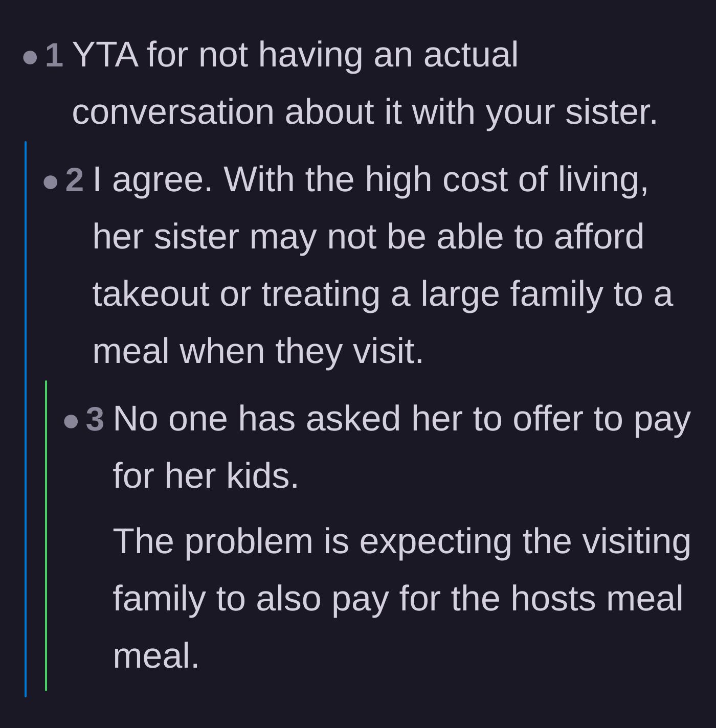 Comment thread 5 - A commenter blames the mother for not communicating, but replies quickly point out that a host expecting her visiting guests to buy her food is absurd.
