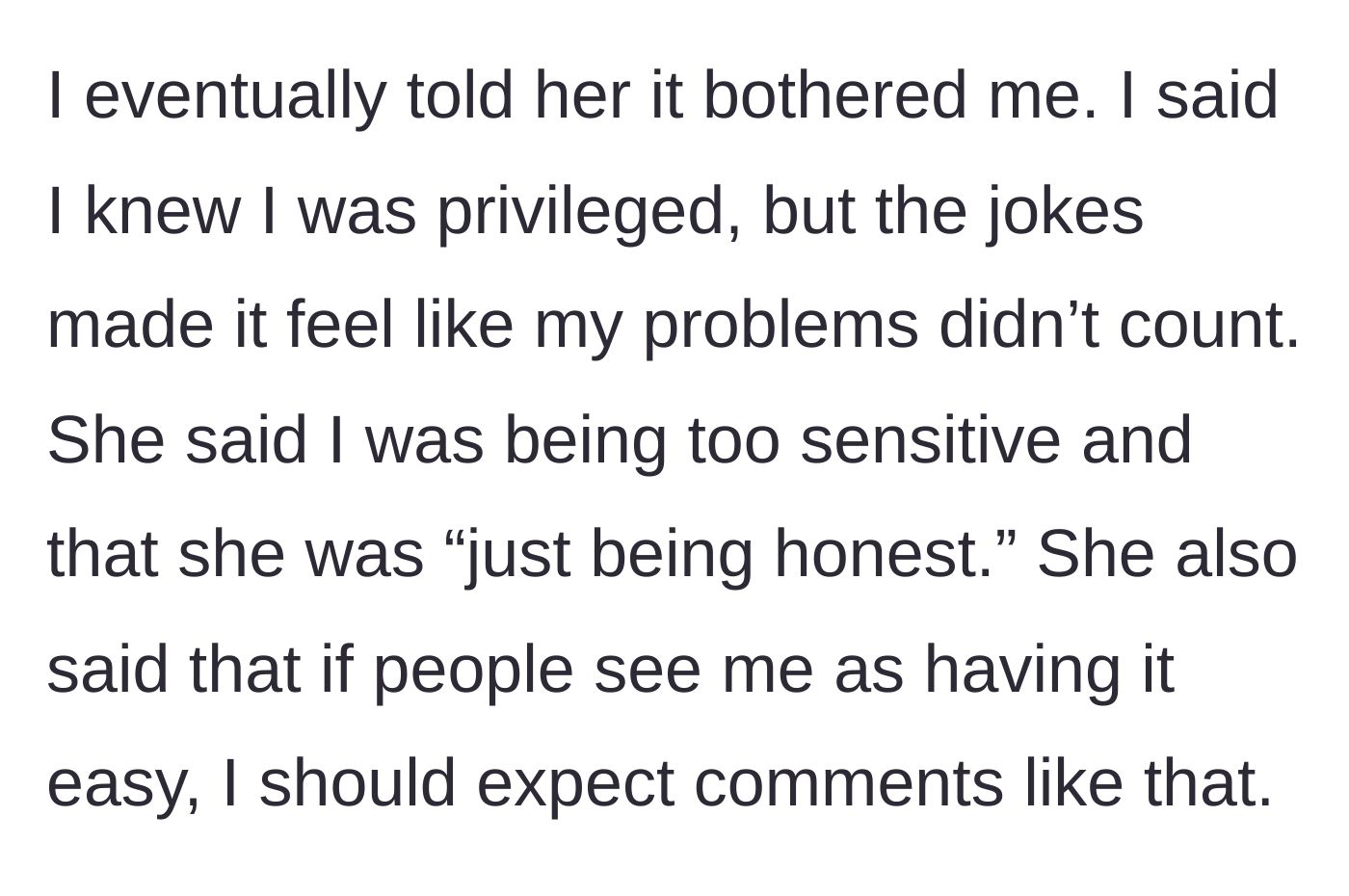 Story part 4 - The boyfriend confronts her about feeling invalidated, but she dismisses him as being too sensitive.