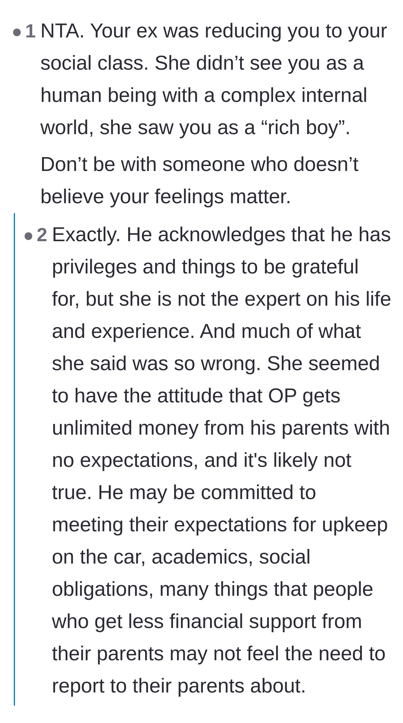 Comment thread 2 - A discussion about how the girlfriend reduced her boyfriend to his social class rather than treating him as a complex human being.