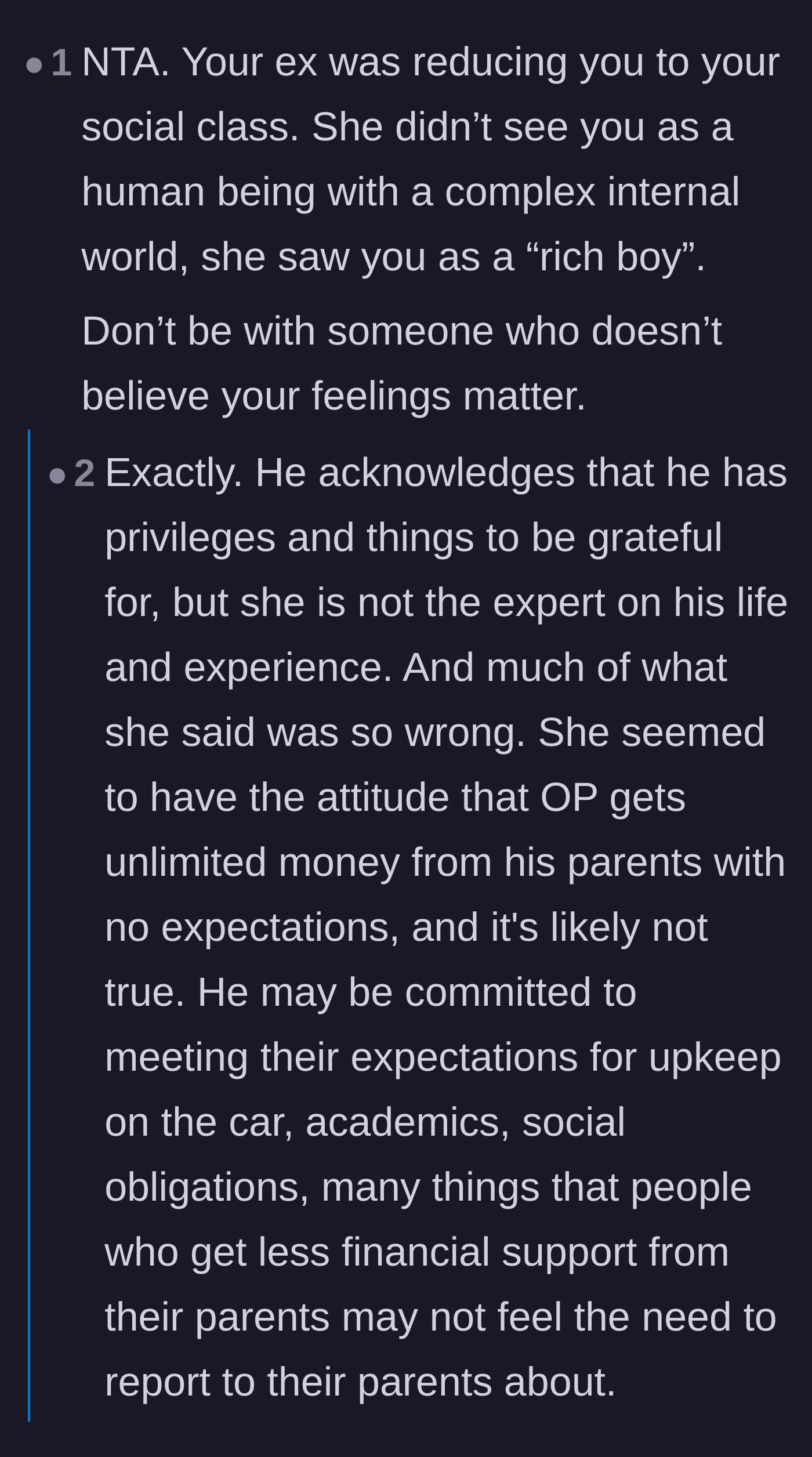 Comment thread 2 - A discussion about how the girlfriend reduced her boyfriend to his social class rather than treating him as a complex human being.