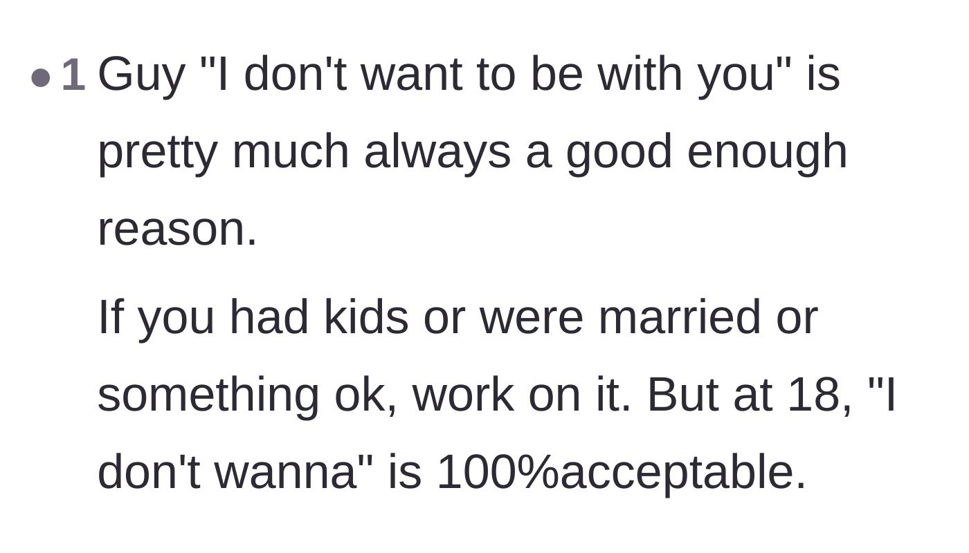 Comment thread 3 - Readers point out that simply not wanting to be in a relationship is a completely valid reason to leave at eighteen.