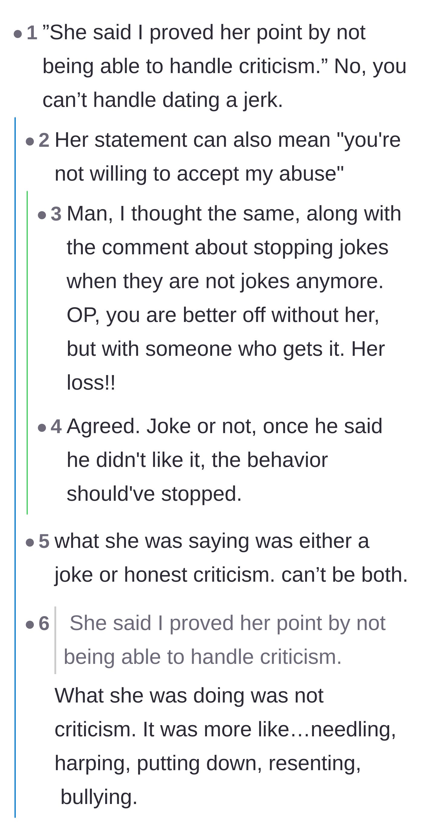 Comment thread 4 - A thread calling out the girlfriend's claim of 'criticism,' labeling her behavior as outright bullying and manipulation instead.