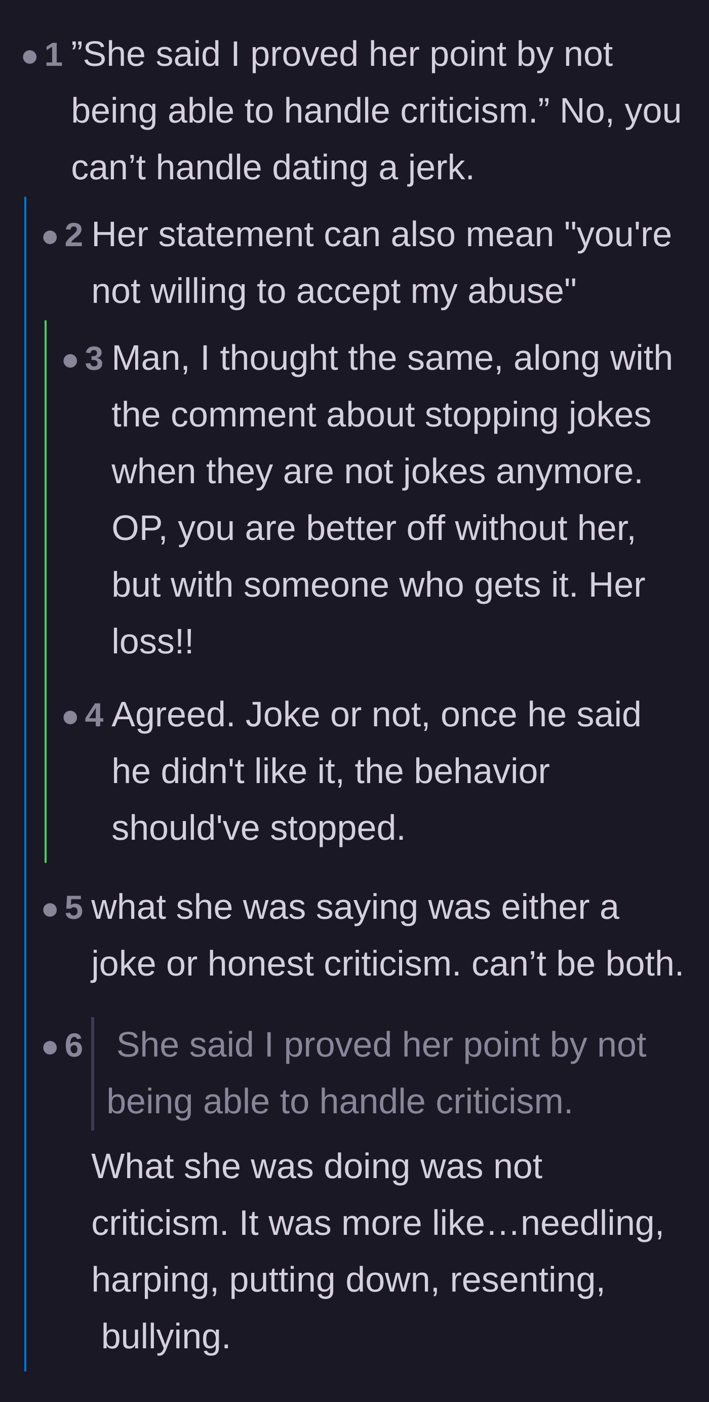Comment thread 4 - A thread calling out the girlfriend's claim of 'criticism,' labeling her behavior as outright bullying and manipulation instead.