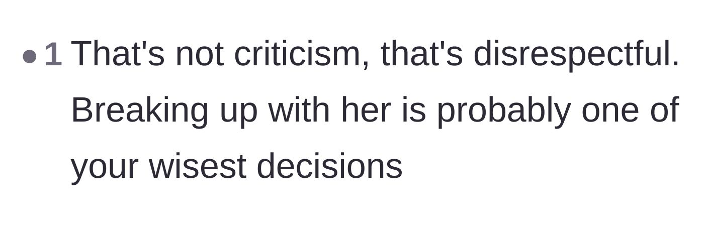 Comment thread 6 - A final verdict emphasizing that the girlfriend's behavior was pure disrespect, making the breakup the smartest choice.