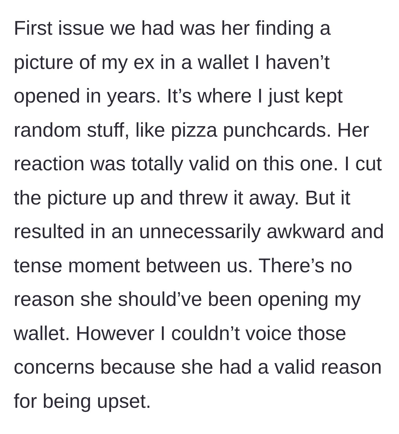 Story part 2 - Girlfriend searches a forgotten wallet, finds a very old photo of an ex, and gets upset.