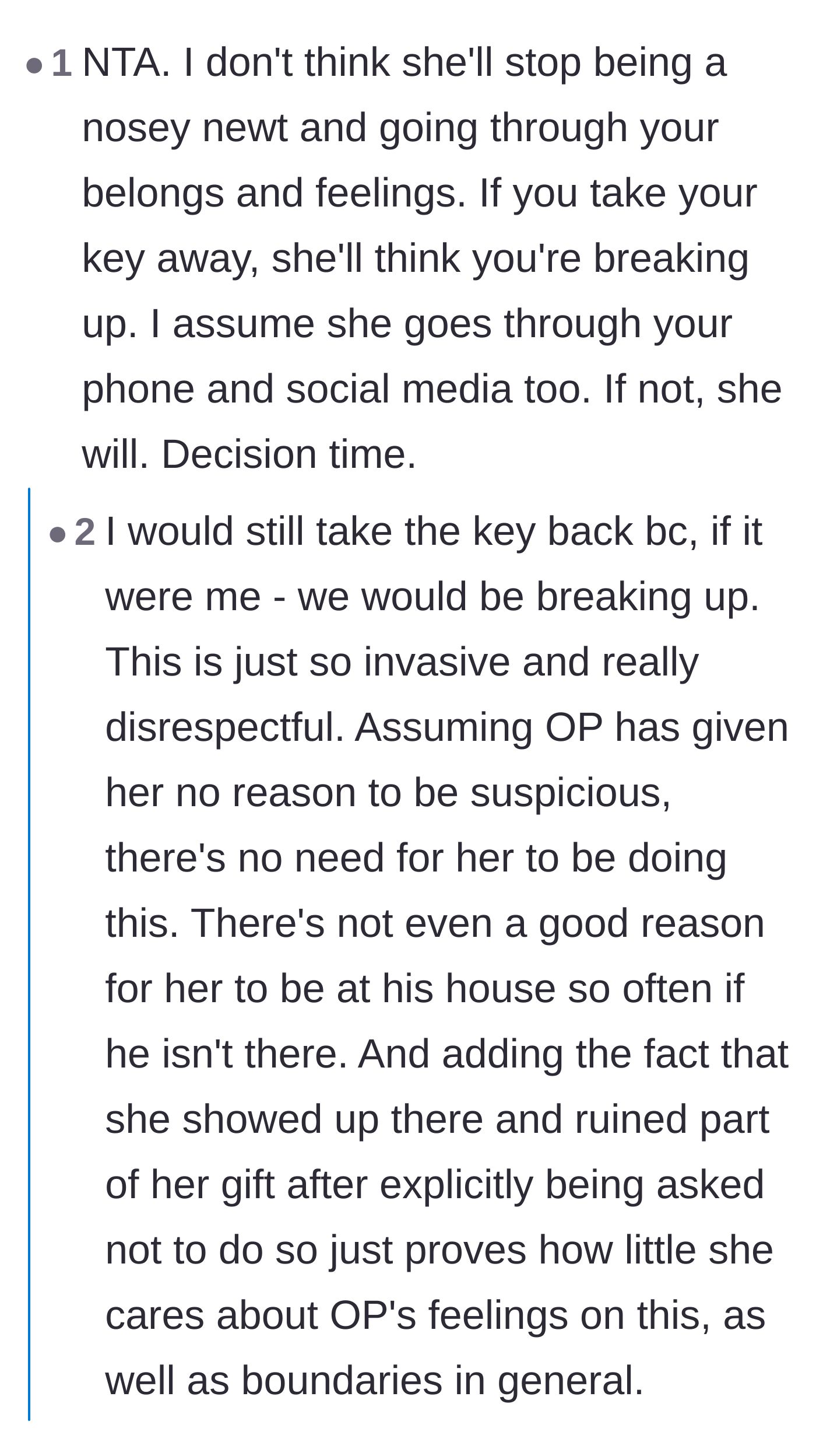 Comment thread 1 - Readers warning the boyfriend that the snooping is a major red flag for escalating controlling behavior.