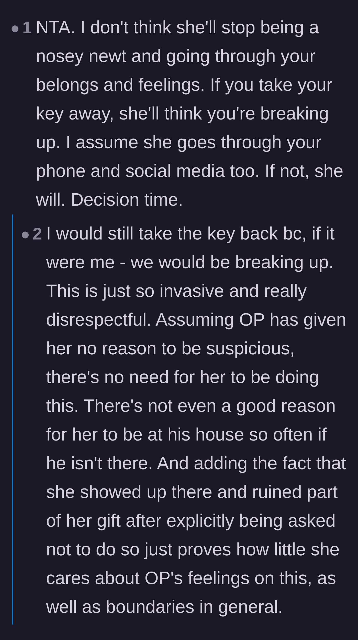 Comment thread 1 - Readers warning the boyfriend that the snooping is a major red flag for escalating controlling behavior.