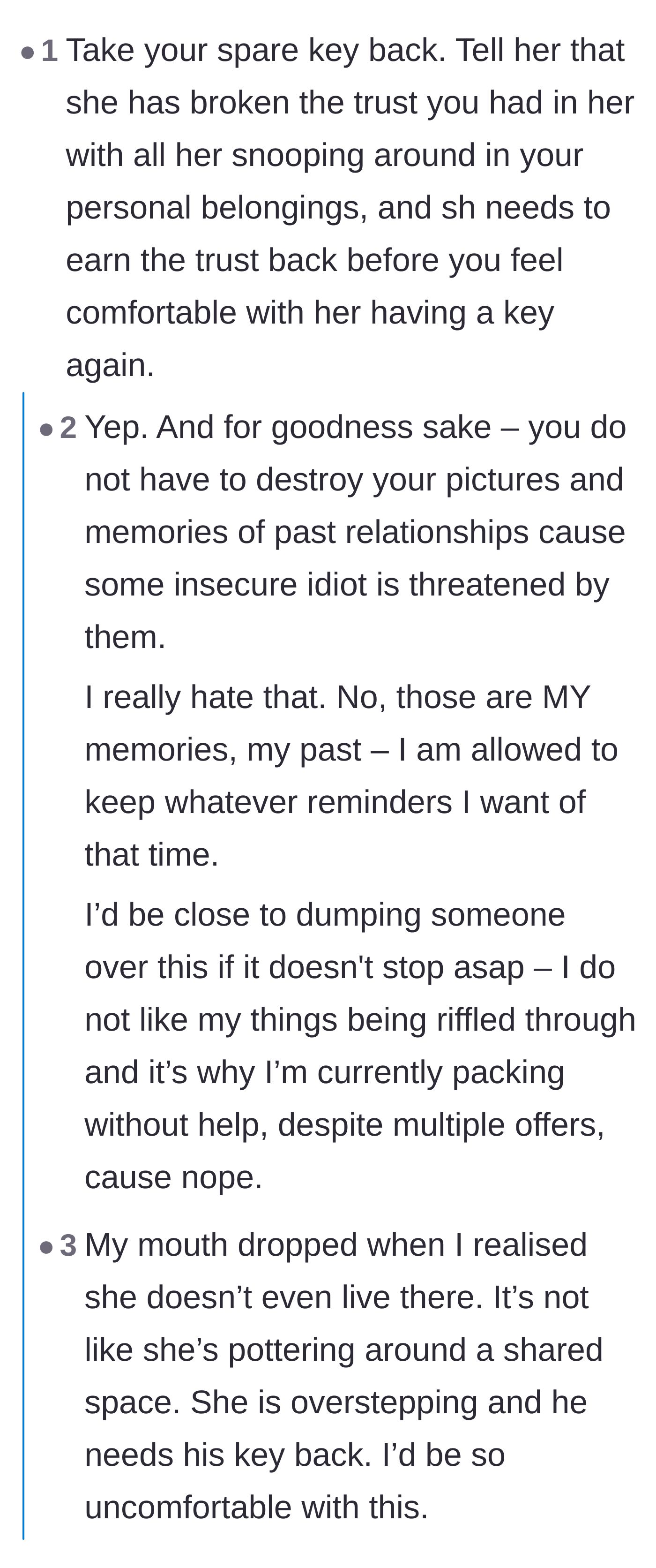 Comment thread 2 - Outrage over the girlfriend policing old memories and the shocking realization that she doesn't even live in the apartment.