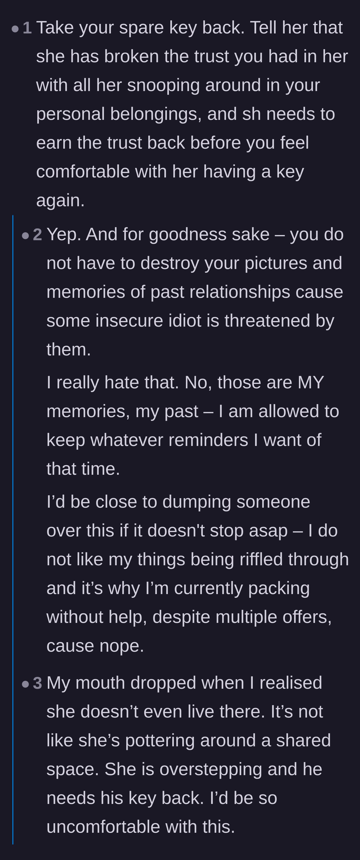 Comment thread 2 - Outrage over the girlfriend policing old memories and the shocking realization that she doesn't even live in the apartment.