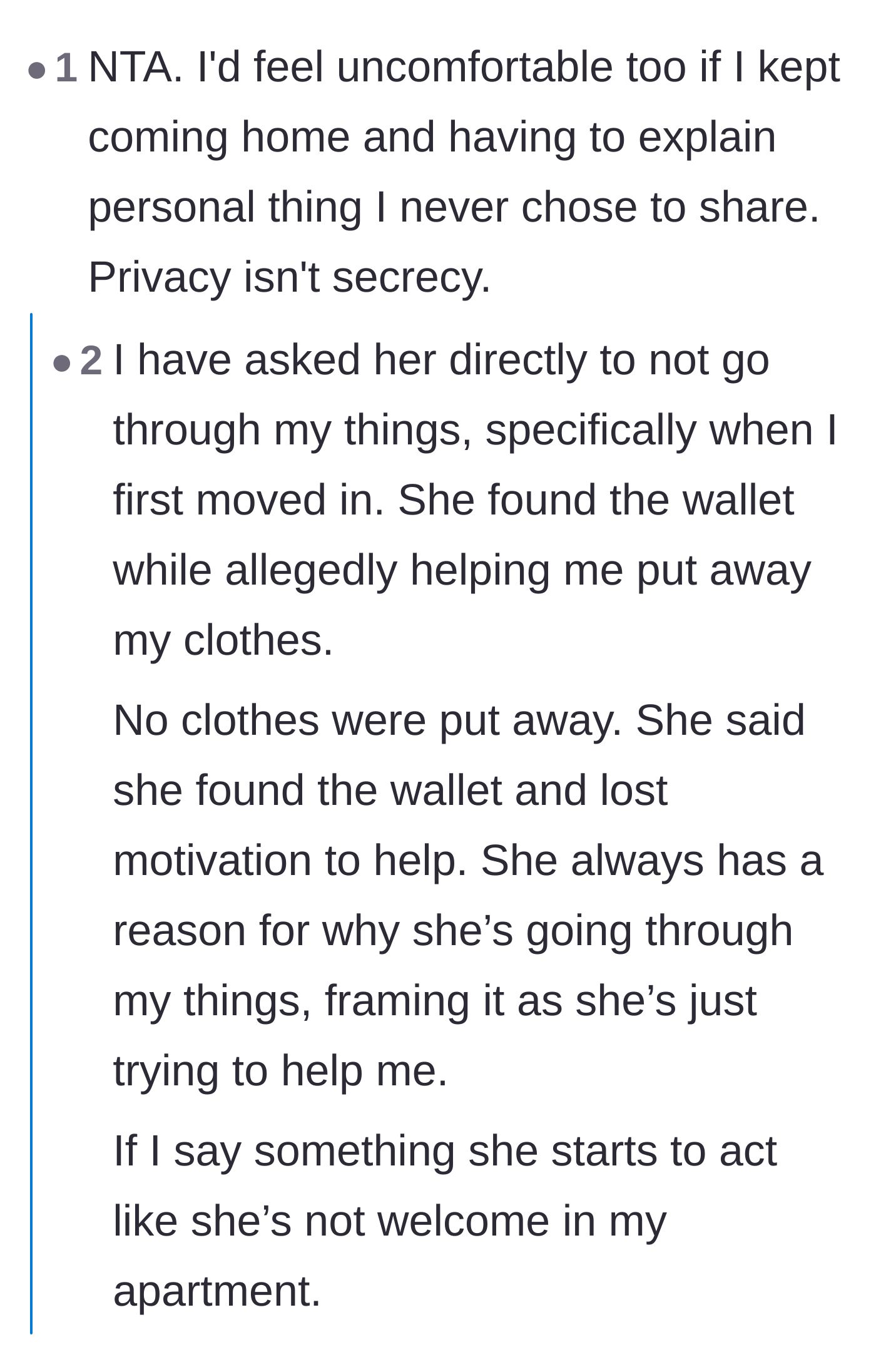 Comment thread 3 - A reader comparing the girlfriend's total lack of respect to a recovering addict who still managed to honor personal boundaries.