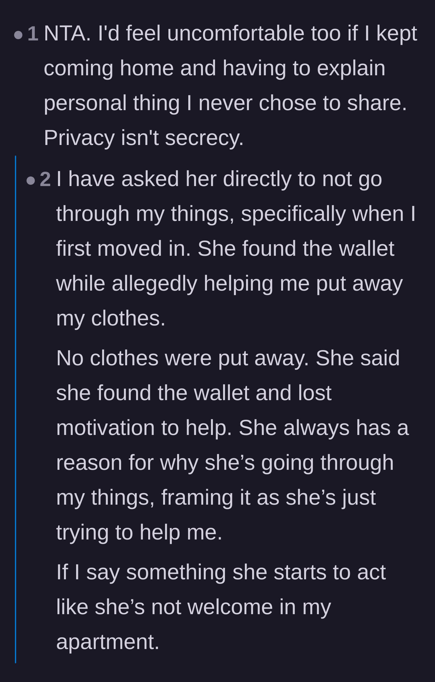 Comment thread 3 - A reader comparing the girlfriend's total lack of respect to a recovering addict who still managed to honor personal boundaries.