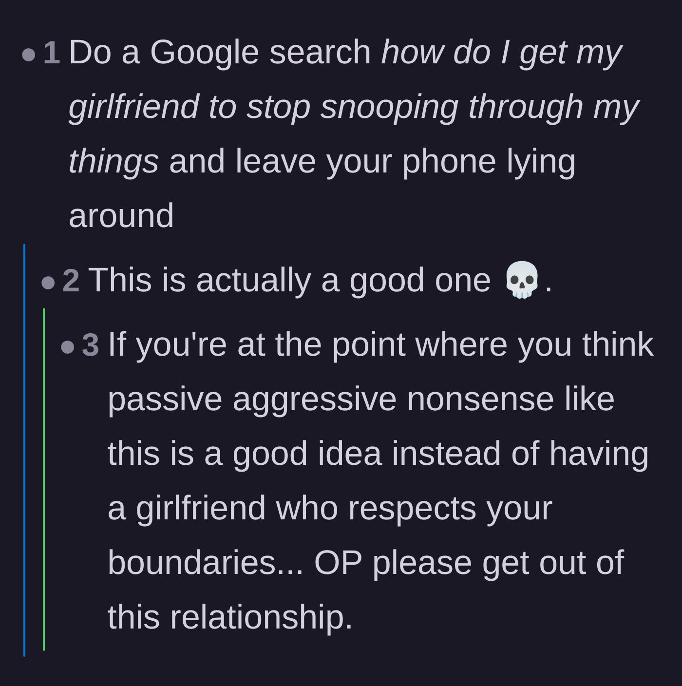 Comment thread 4 - Humorous advice to leave a passive-aggressive Google search open, followed by a harsh reality check.