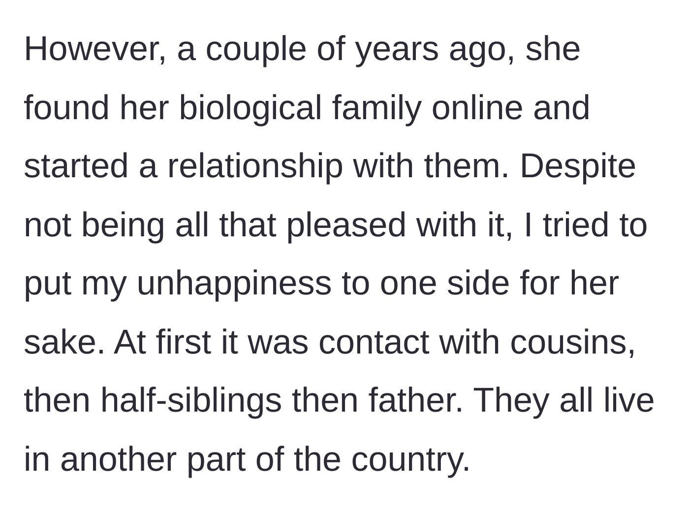 Story part 2 - The daughter connects with her biological family online and builds relationships with them.