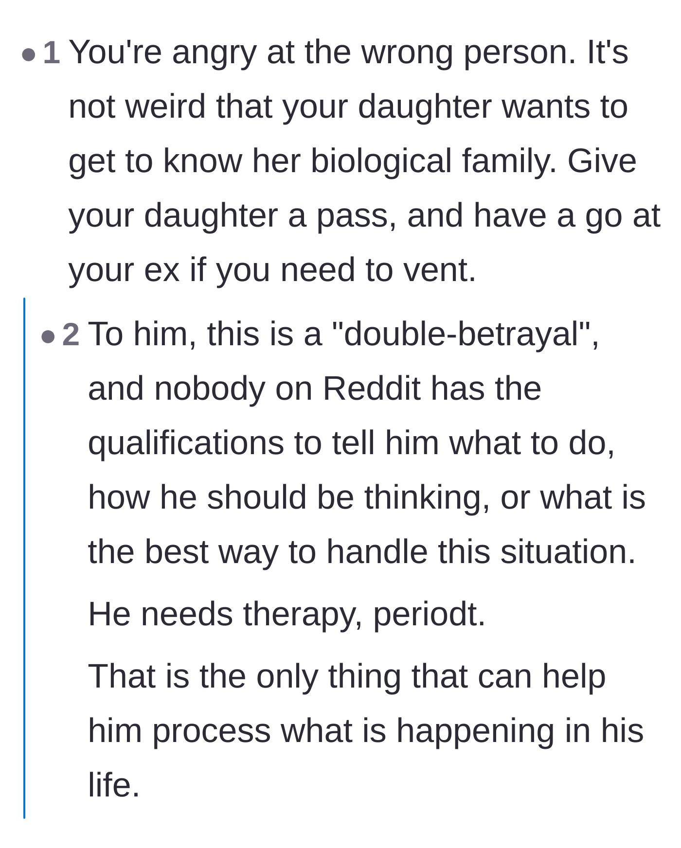 Comment thread 1 - A debate over whether the father's anger should be directed at his ex-wife or if his feelings of double betrayal by his daughter are justified