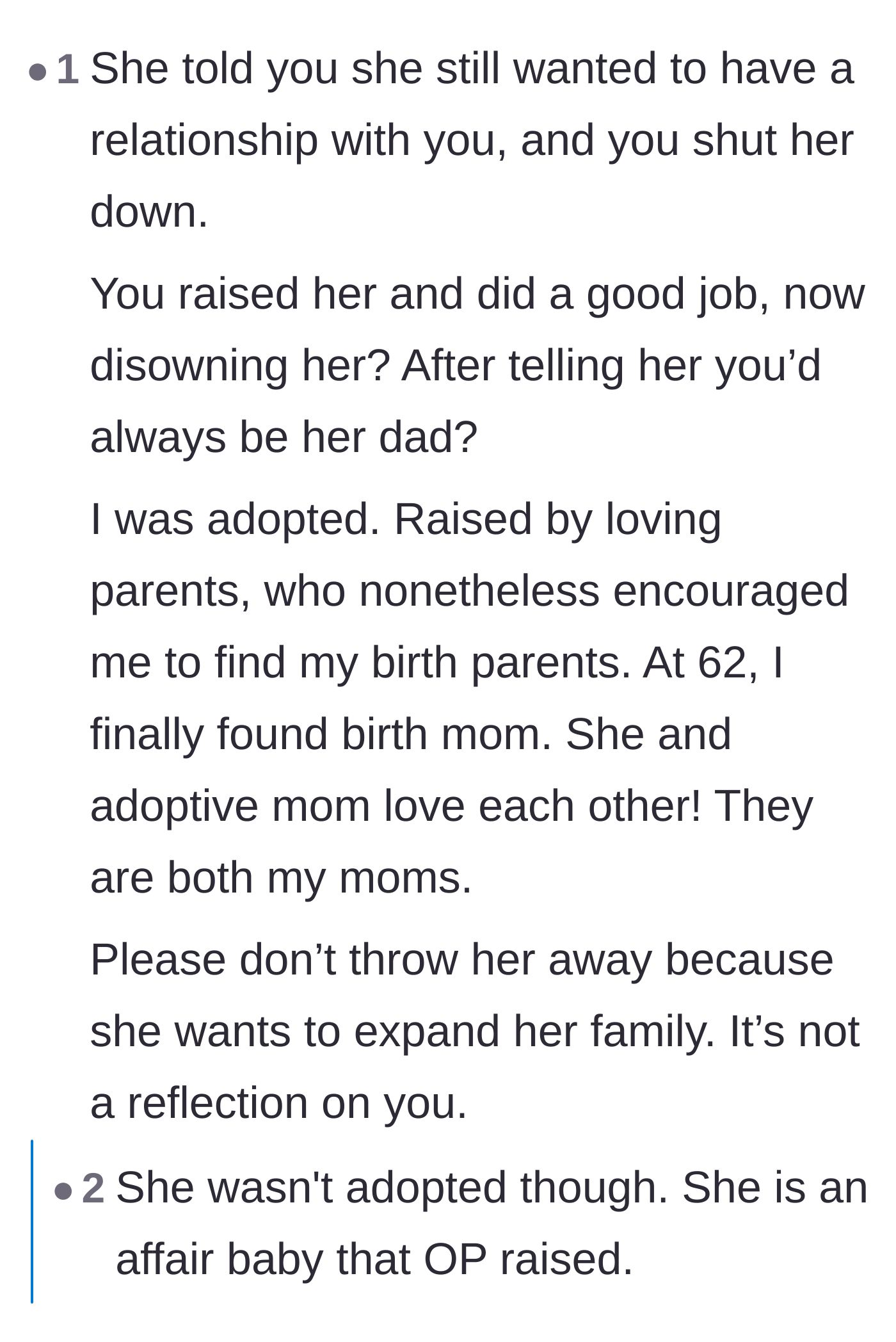 Comment thread 2 - A discussion rejecting the comparison between adoption and paternity fraud, emphasizing the trauma of the affair