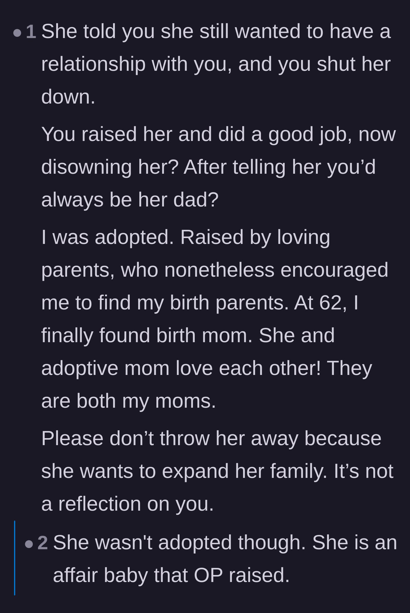 Comment thread 2 - A discussion rejecting the comparison between adoption and paternity fraud, emphasizing the trauma of the affair