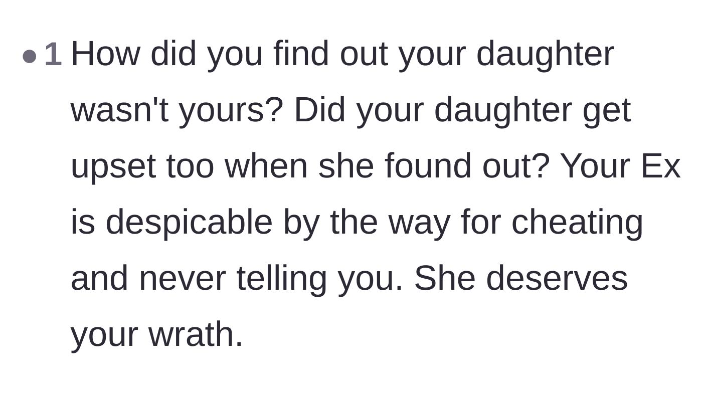Comment thread 4 - A direct condemnation of the ex-wife's deceit and a question about how the paternity was discovered