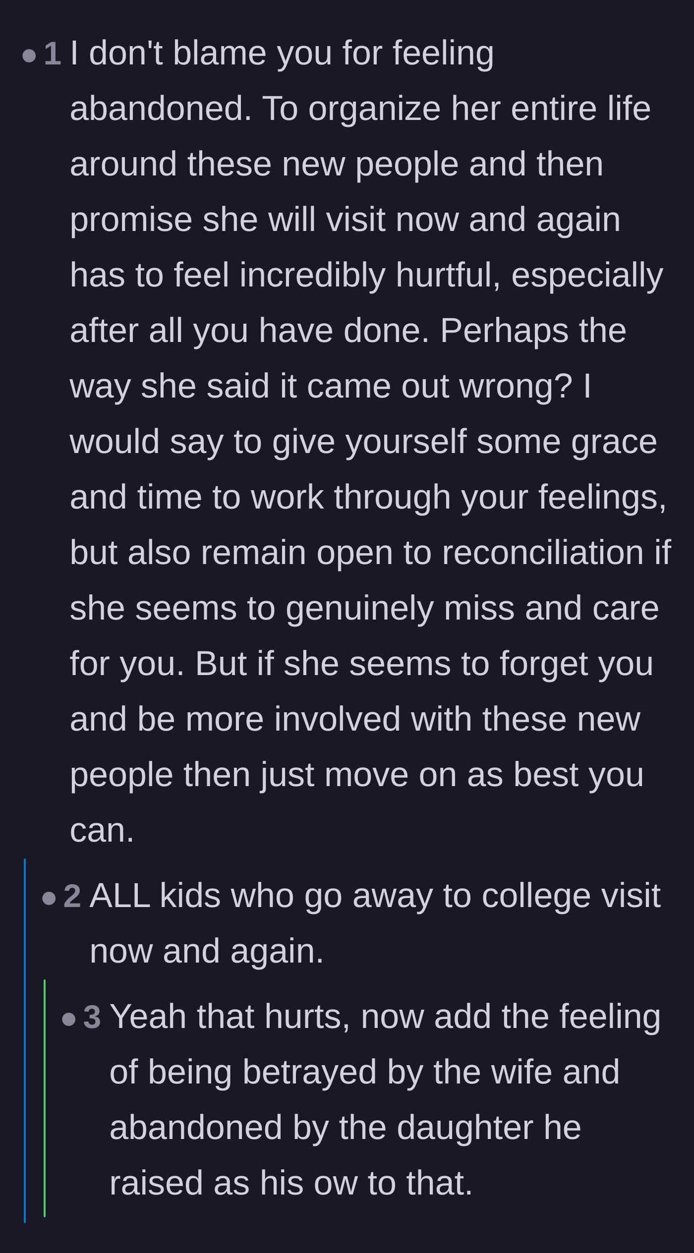 Comment thread 5 - Support for the father's feelings of abandonment and the hollow promise of occasional visits