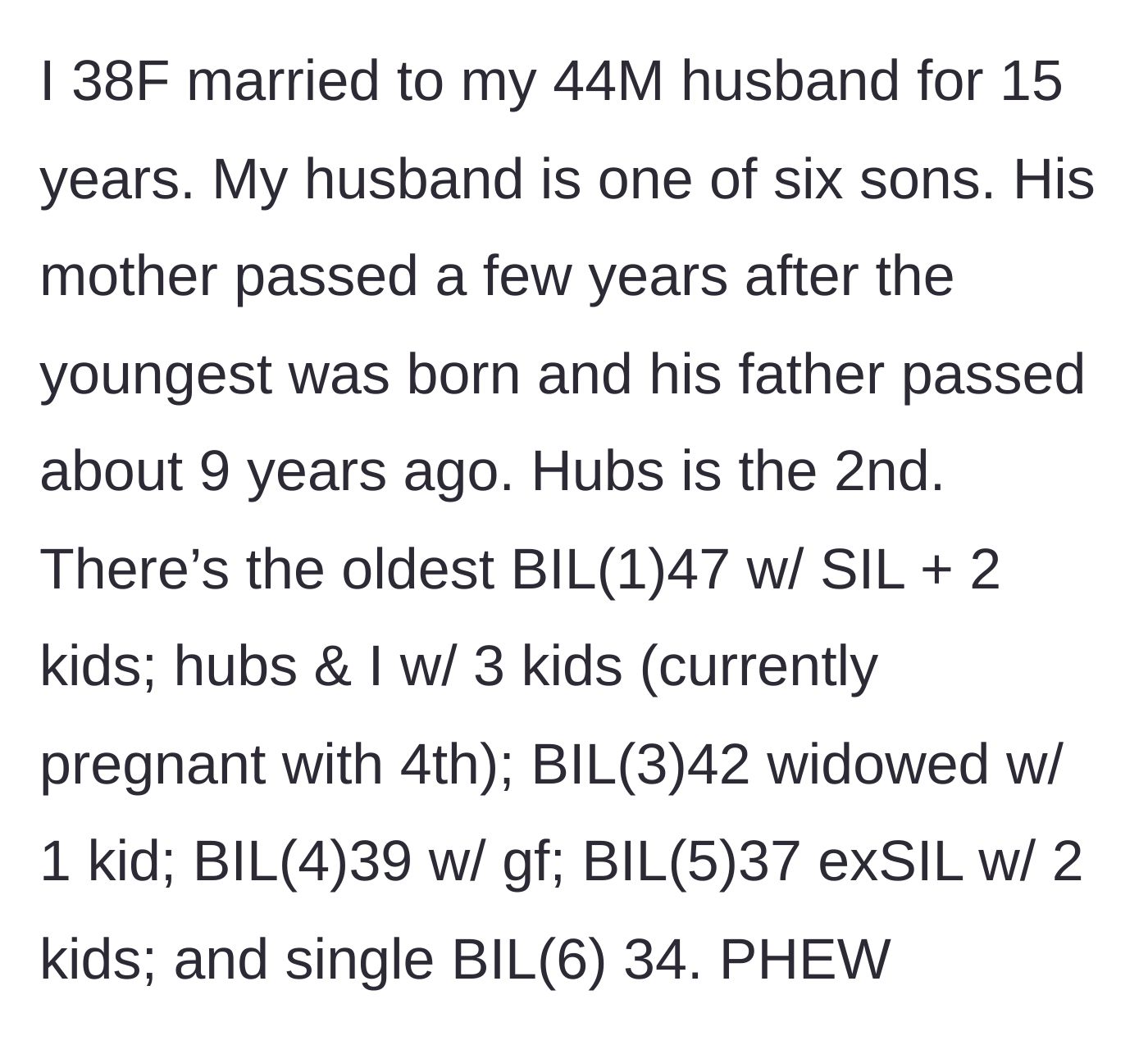 Story part 1 - The author introduces her husband and his massive family of six brothers.